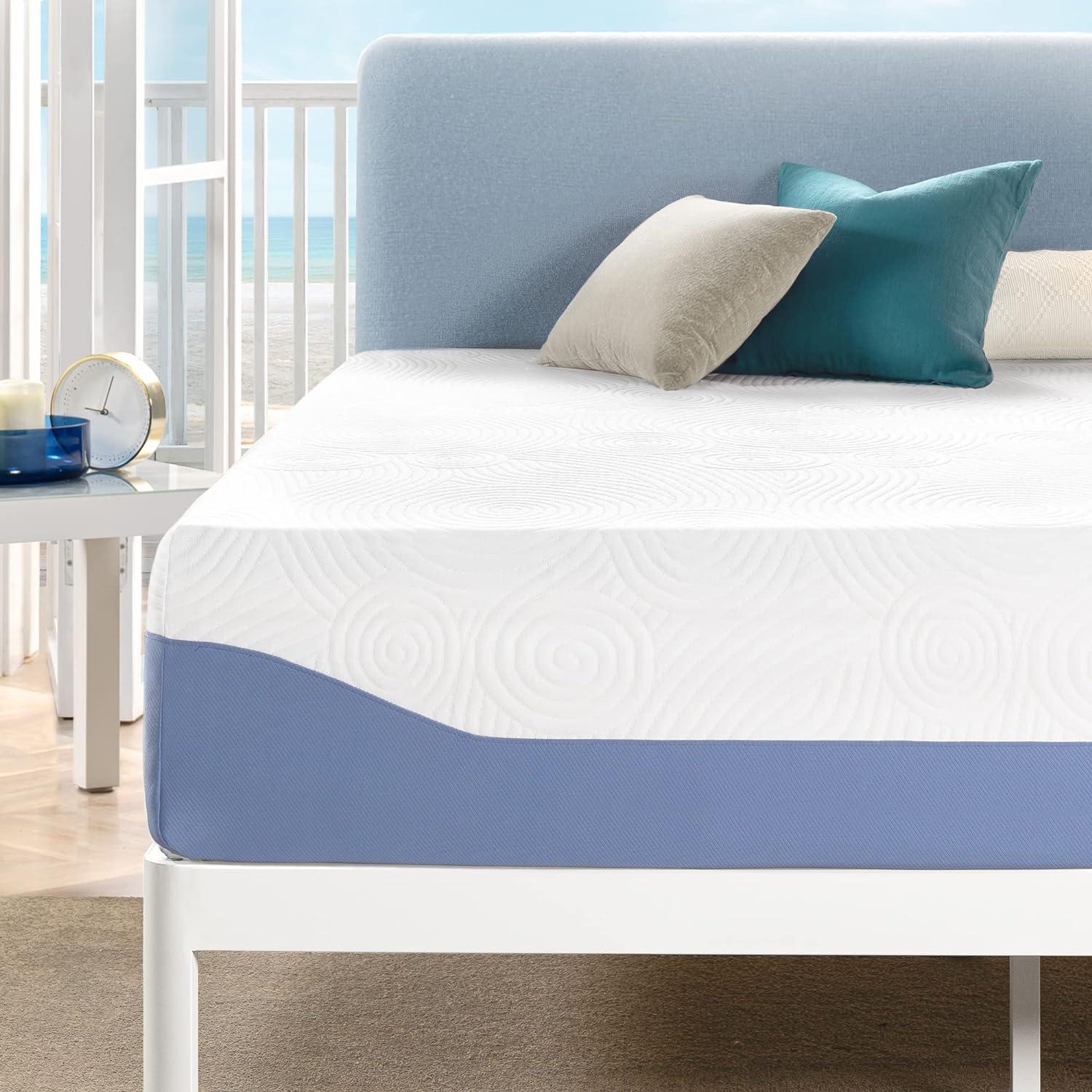 Queen 14-Inch White and Blue Gel Memory Foam Mattress