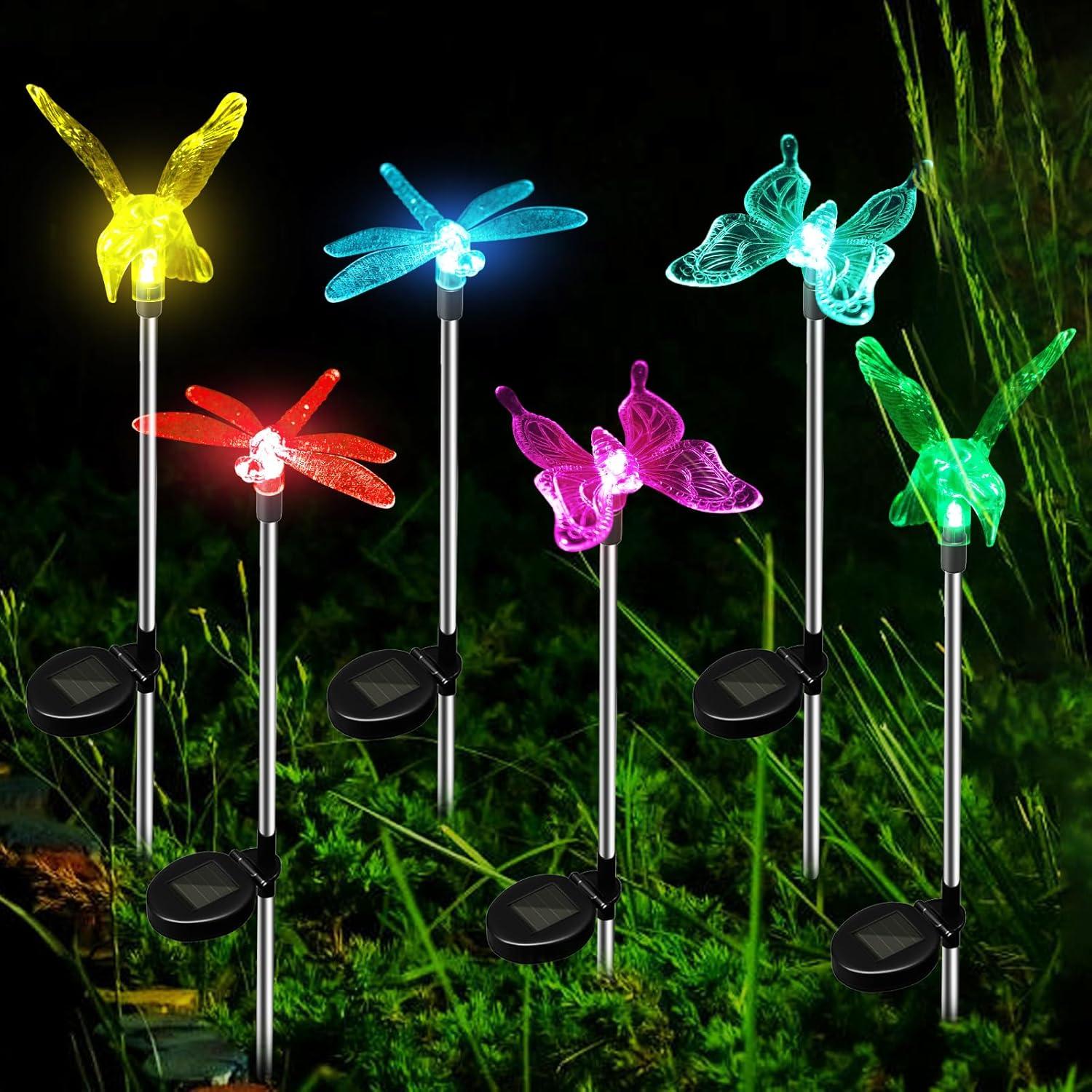 Decorative Solar Garden Lights - Butterfly, Dragonfly, and Hummingbird Stake Lights (6 Pack)