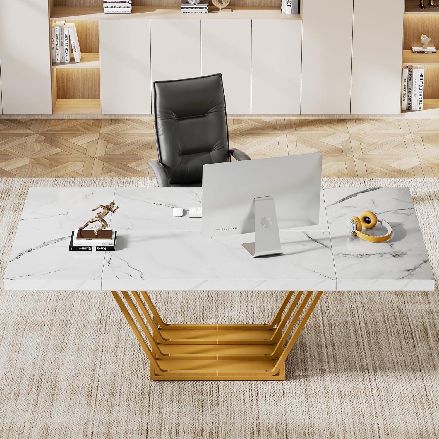 Tribesigns 63 inch Modern Office Desk, Large Executive Desk Computer Desk with Gold Metal Frame, White & Gold