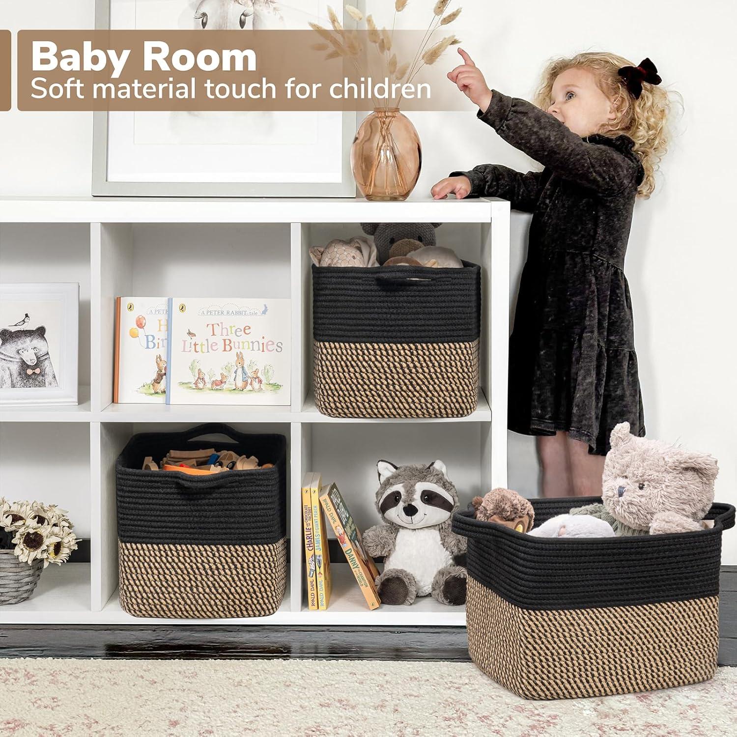 Black and Beige Woven Rope Basket Set with Rattan Handles