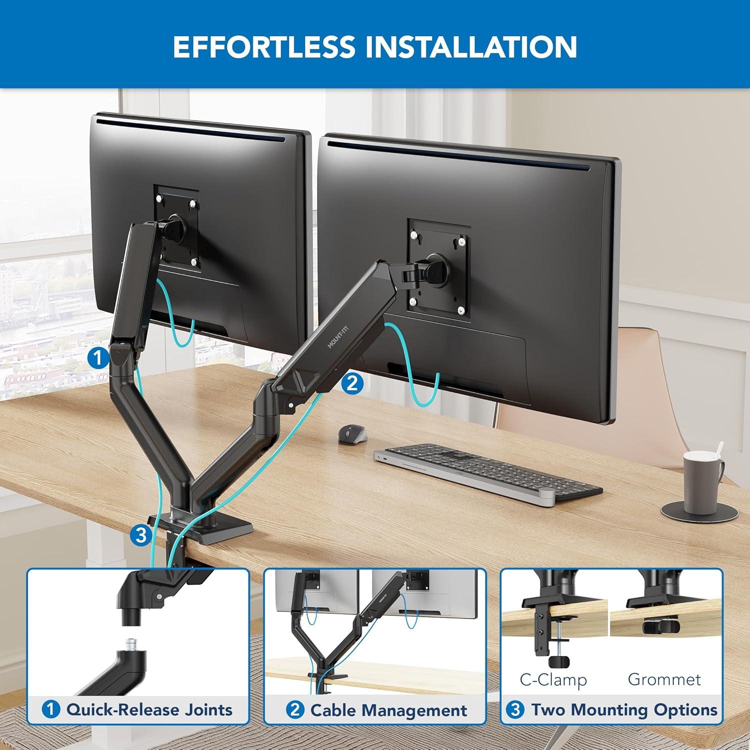 Mount-It! Full Motion Dual Monitor Mount with Spring Arms, 17 in. to 32 in. with Tilt, Rotation, Swivel, Height Adjustment, Clamp or Grommet, Black