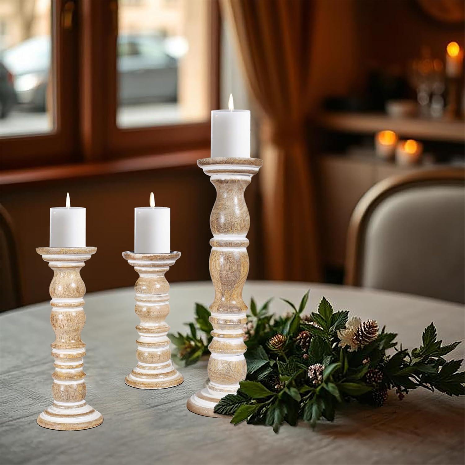 DecMode Traditional and Timeless Mango Wood Pillar Candle Holder Set of 3, 6", 8", 10"H, Cream Finish
