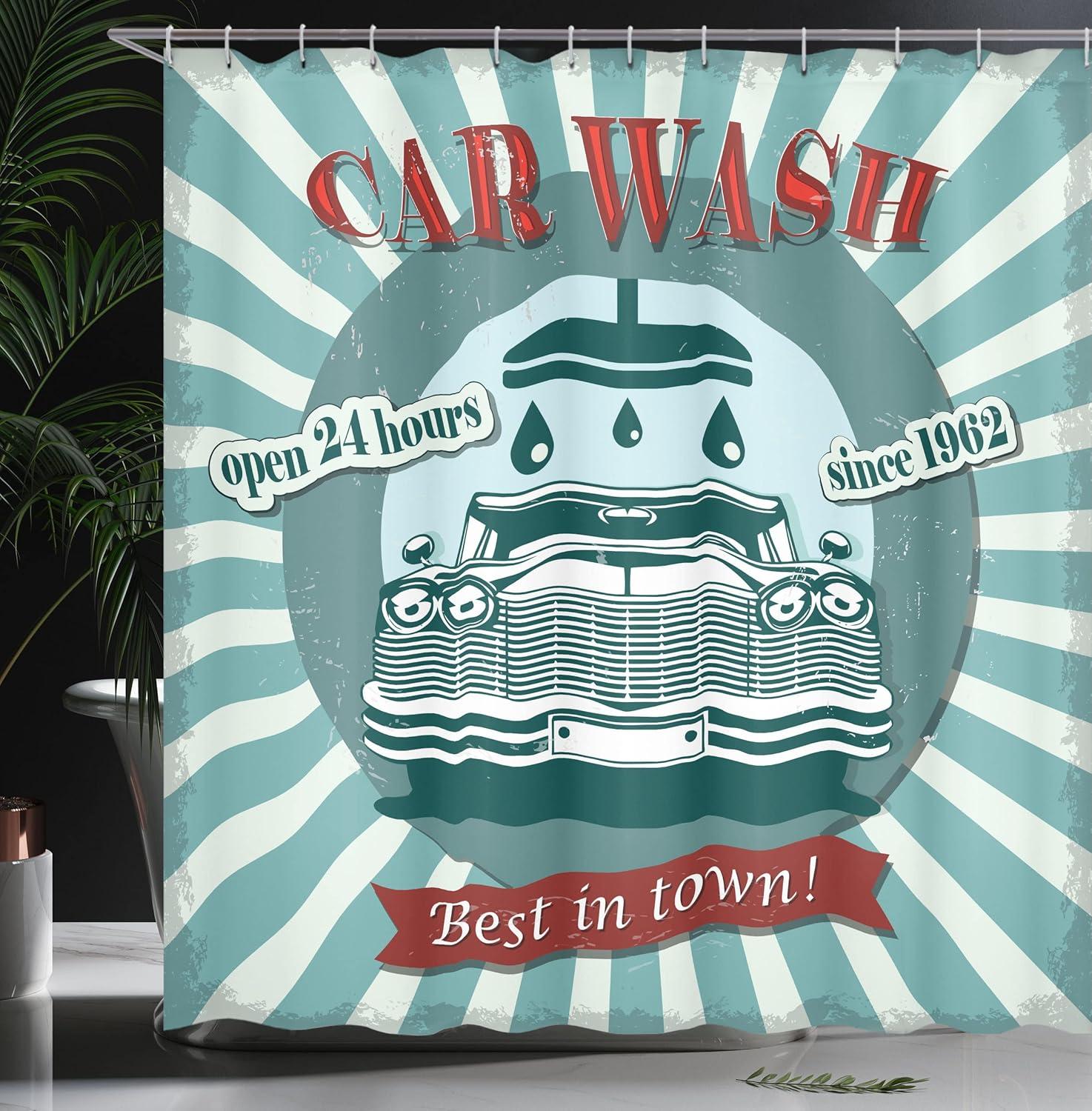 Ambesonne Retro Shower Curtain, Car Wash Sign Commercial, 69"Wx70"L, Red Teal
