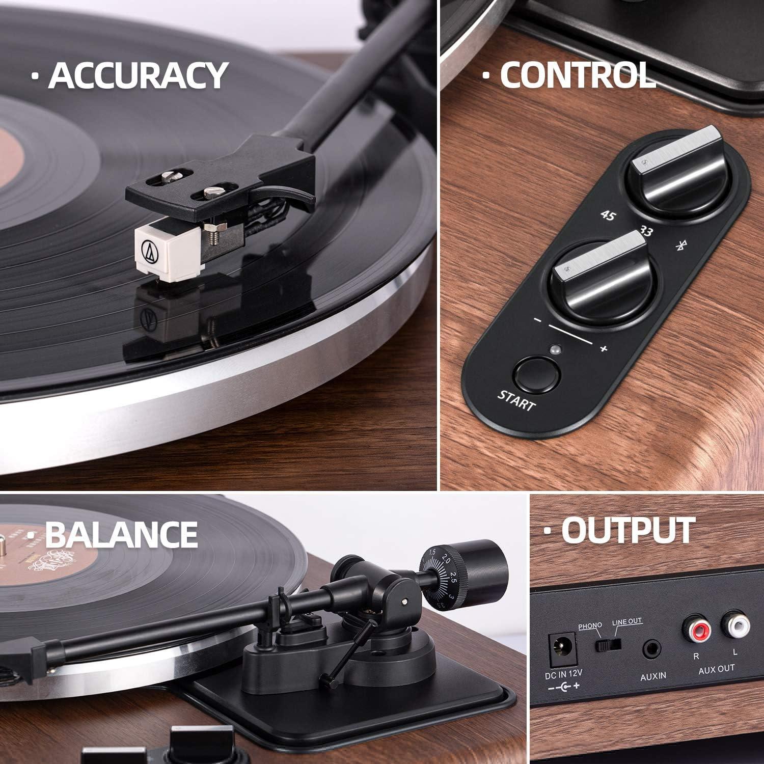 Walnut Belt Drive Turntable with Built-in Speakers and USB