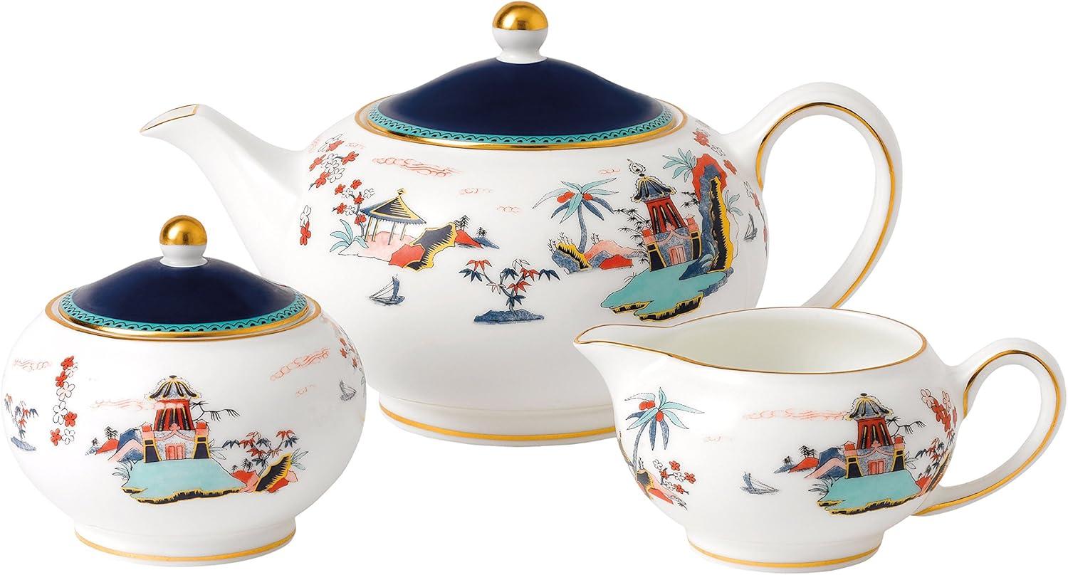 Wonderlust Blue Pagoda Bone China Tea Set with Gold Trim