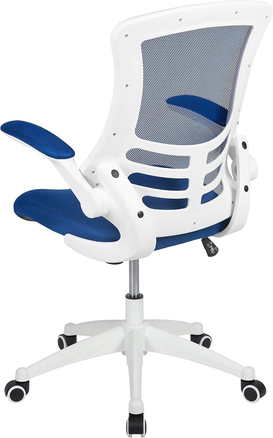 Flash Furniture Kelista Mid-Back Blue Mesh Swivel Ergonomic Task Office Chair with White Frame and Flip-Up Arms