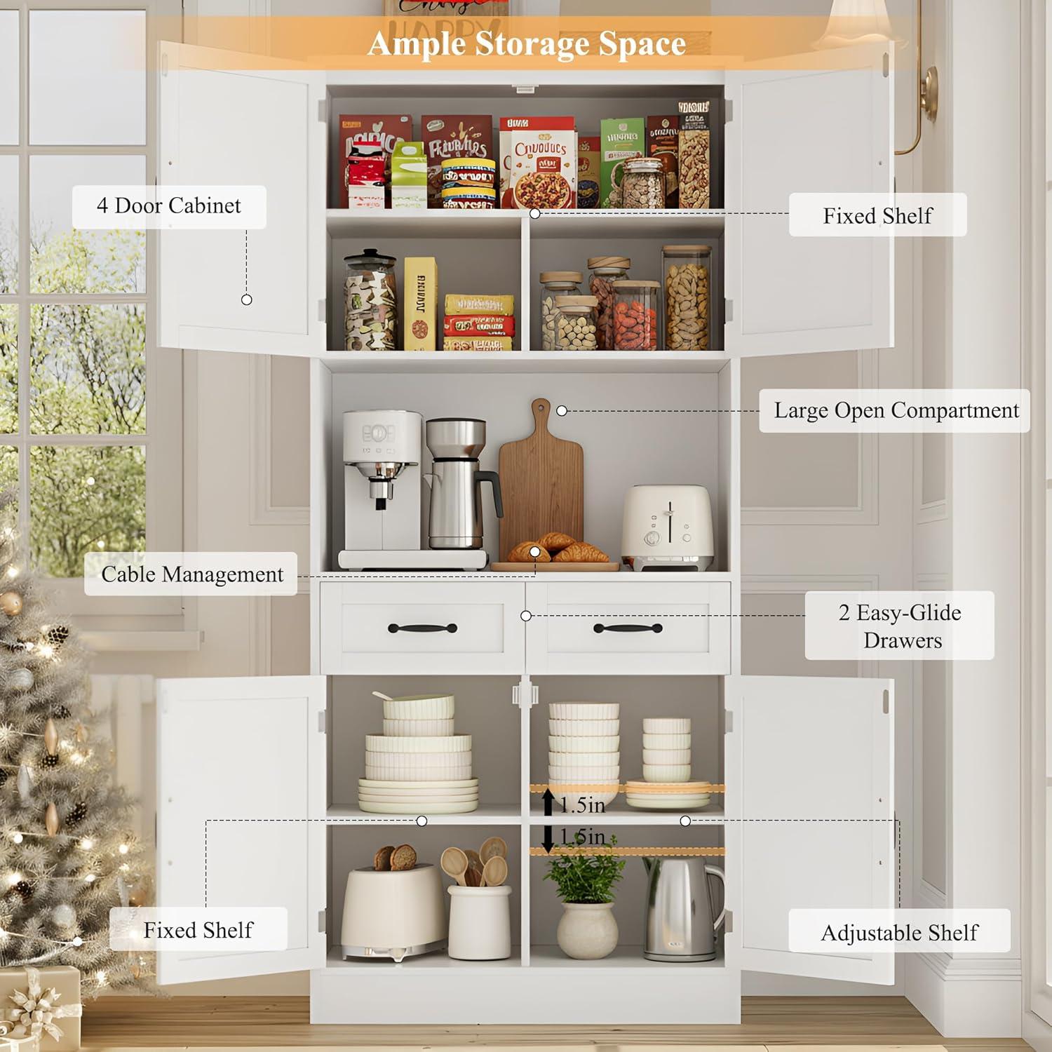 Hokku Designs 71“ Tall Kitchen Pantry Storage Cabinet, Modern Kitchen Hutch Bar Cabinet With Microwave Stand, White