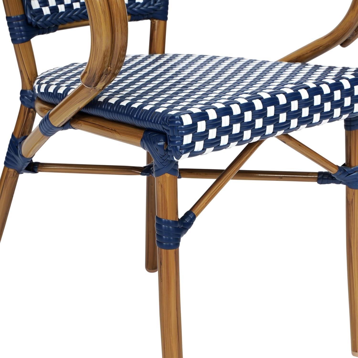 Flash Furniture 4 PK Bordeaux Indoor/Outdoor Commercial Bistro Stacking Chair w/ Arms, Navy & White PE Rattan & Bamboo Print Aluminum Frame in Natural