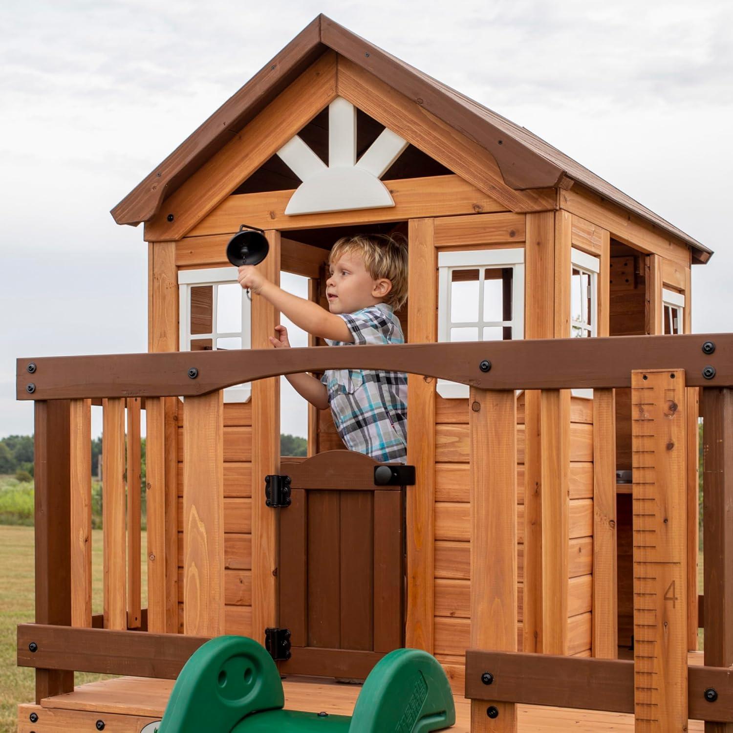 Backyard Discovery Echo Heights Cedar Wooden Elevated Kids Playhouse with Wave Slide, Play Kitchen, and Deck & Reviews | Wayfair