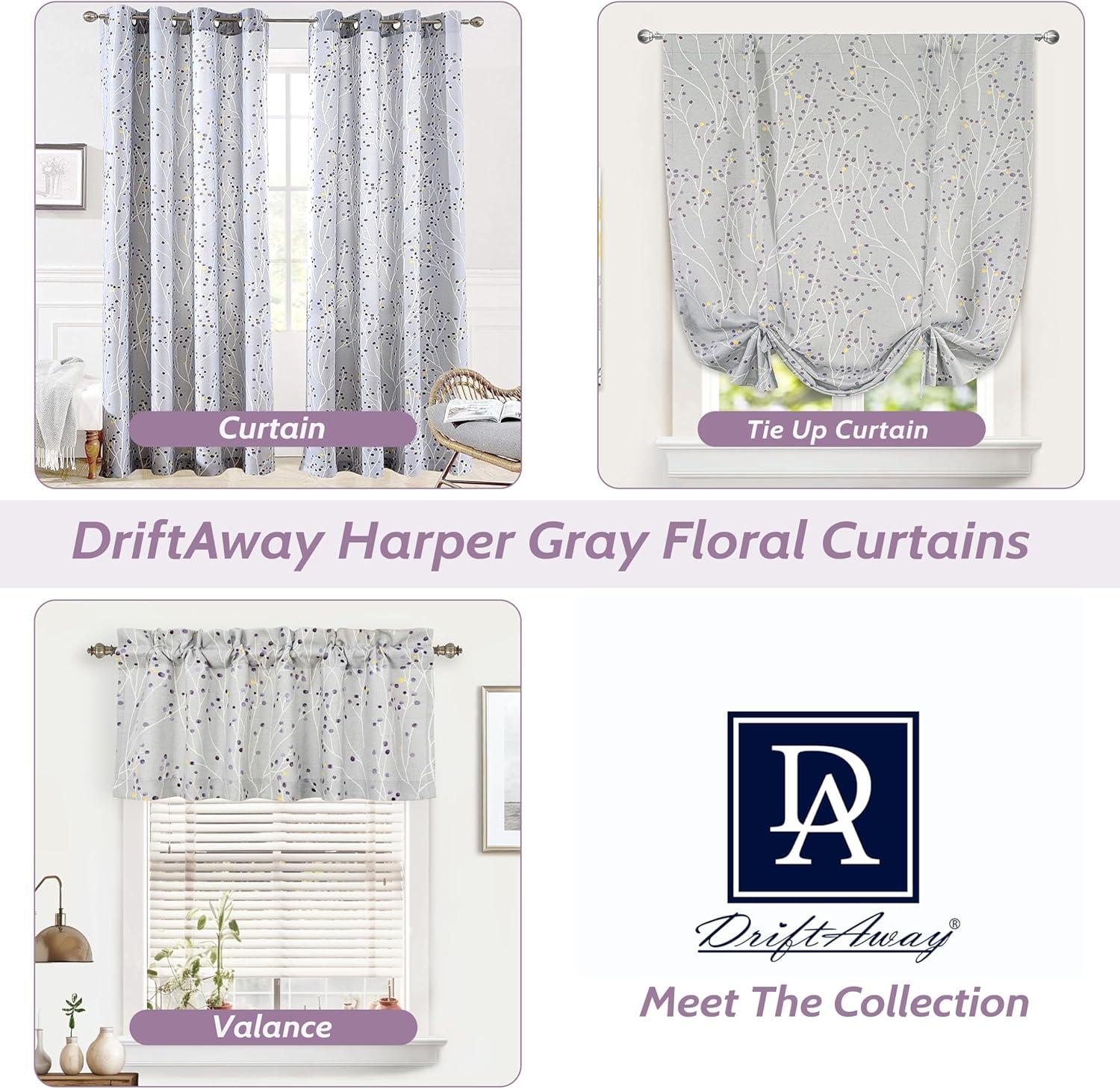 DriftAway Harper Floral Pattern Window Treatment Valance, Rod Pocket, 50"x18"+2" Header (Levender/Gray)