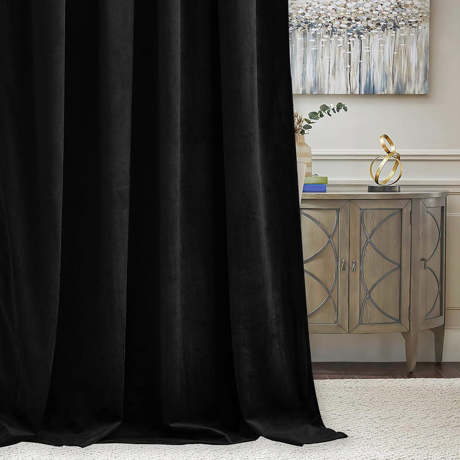 JIUZHEN Black Velvet Curtains for Living Room -96 inches Long Rod Pocket Thermal Insulated Room Darkening Window Drapes for Bedroom, Set of 2 Panels with Tiebacks, 52 x 96 inches