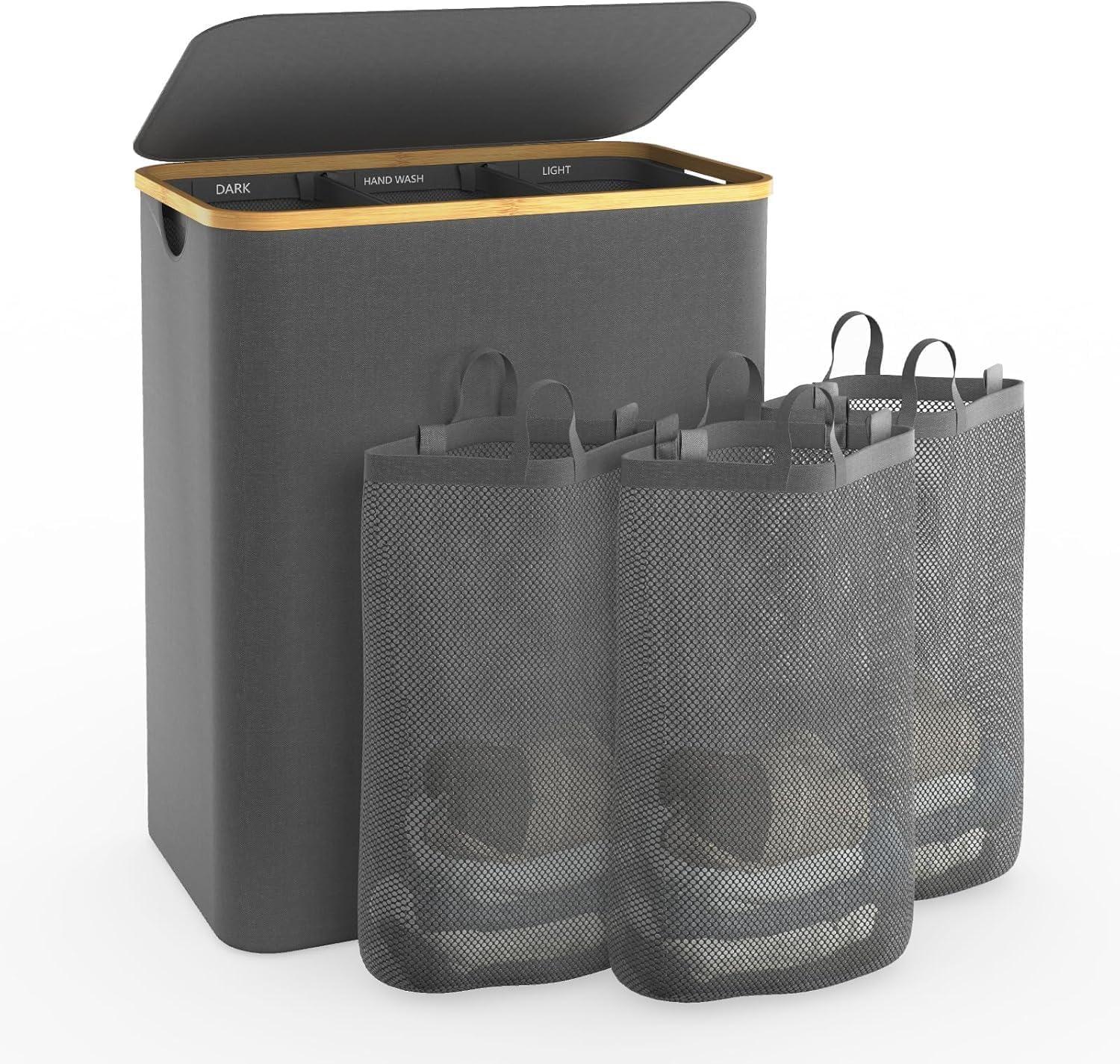 JASODI Laundry Hamper with Lid, 160L Extra Large Laundry Basket 3 Section Dirty Clothes Hamper for Laundry with Removable Laundry Bags