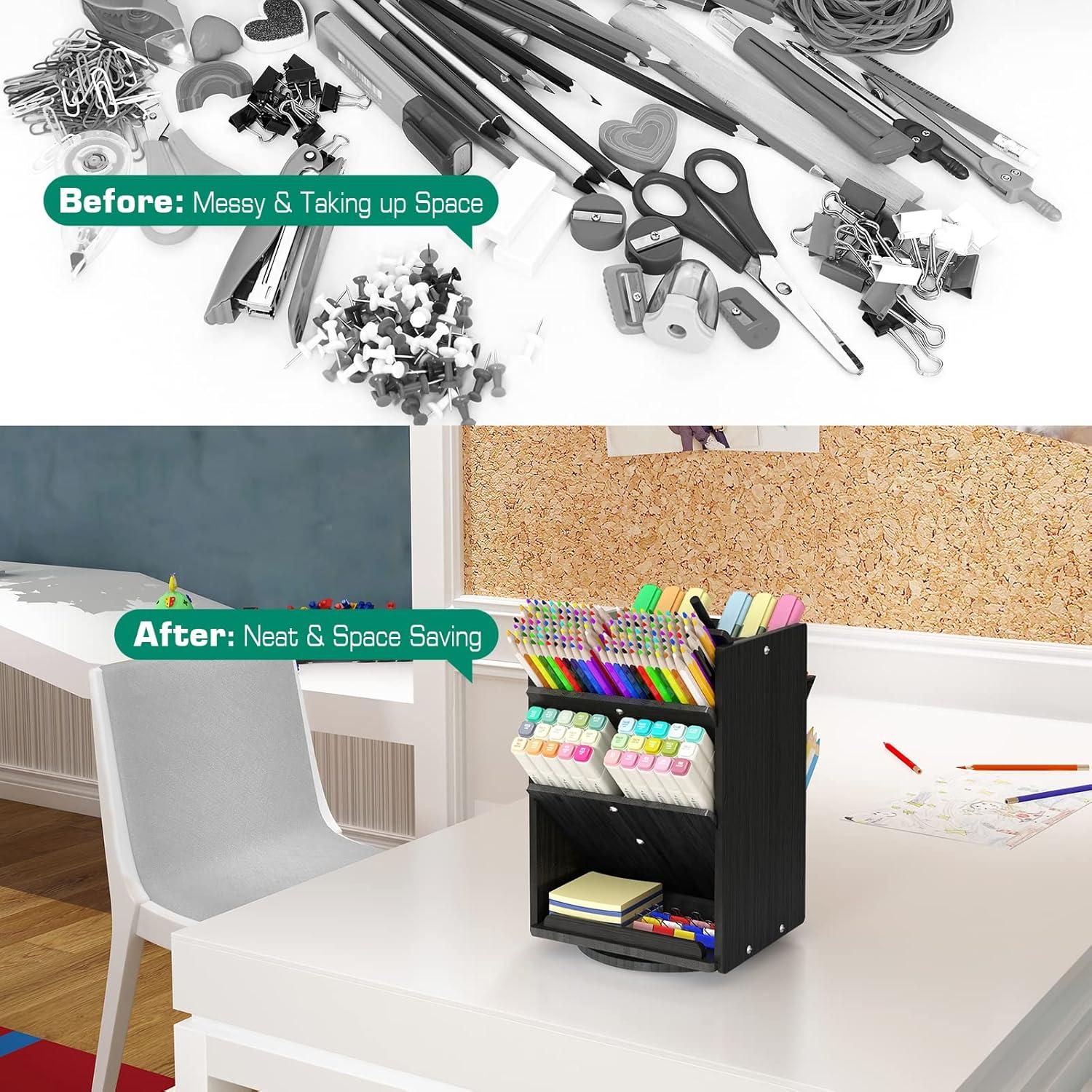 Bamboo Desk Organizer Storage Accessories - Ultra-large 13 compartments, 1000+ Pencil Holder Capacity, Easy DIY Assembly, Rotating Desktop Organizer, Cosmetics, and Office Supplies