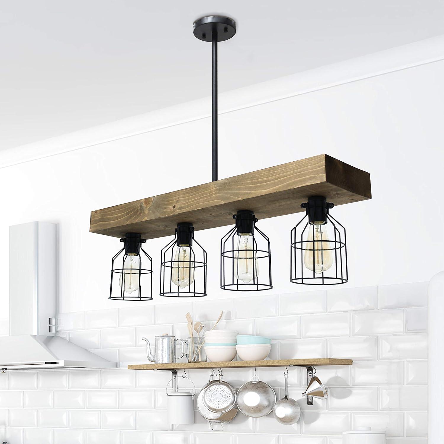 Elegant Designs 47.5" Farmhouse Rustic Cage Ceiling Pendant, Restored Wood, Black/Brown