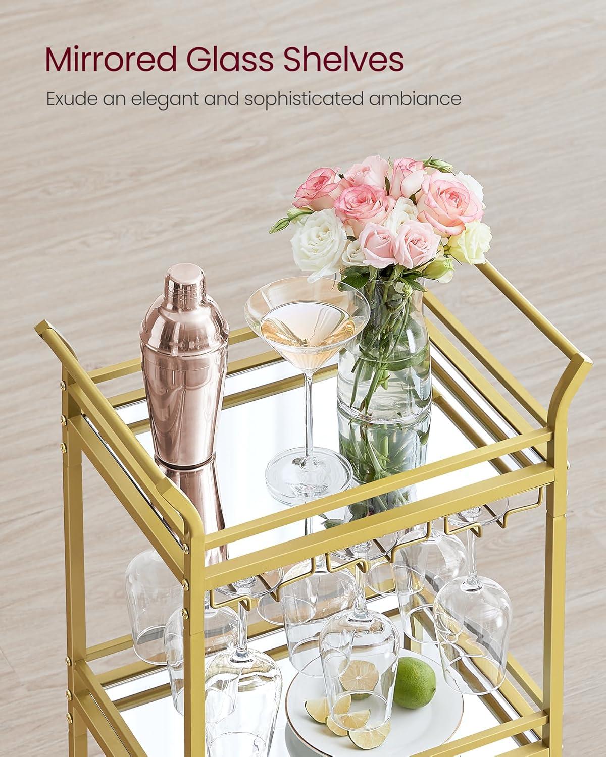 Pale Gold 3-Tier Bar Cart with Mirrored Glass Shelves