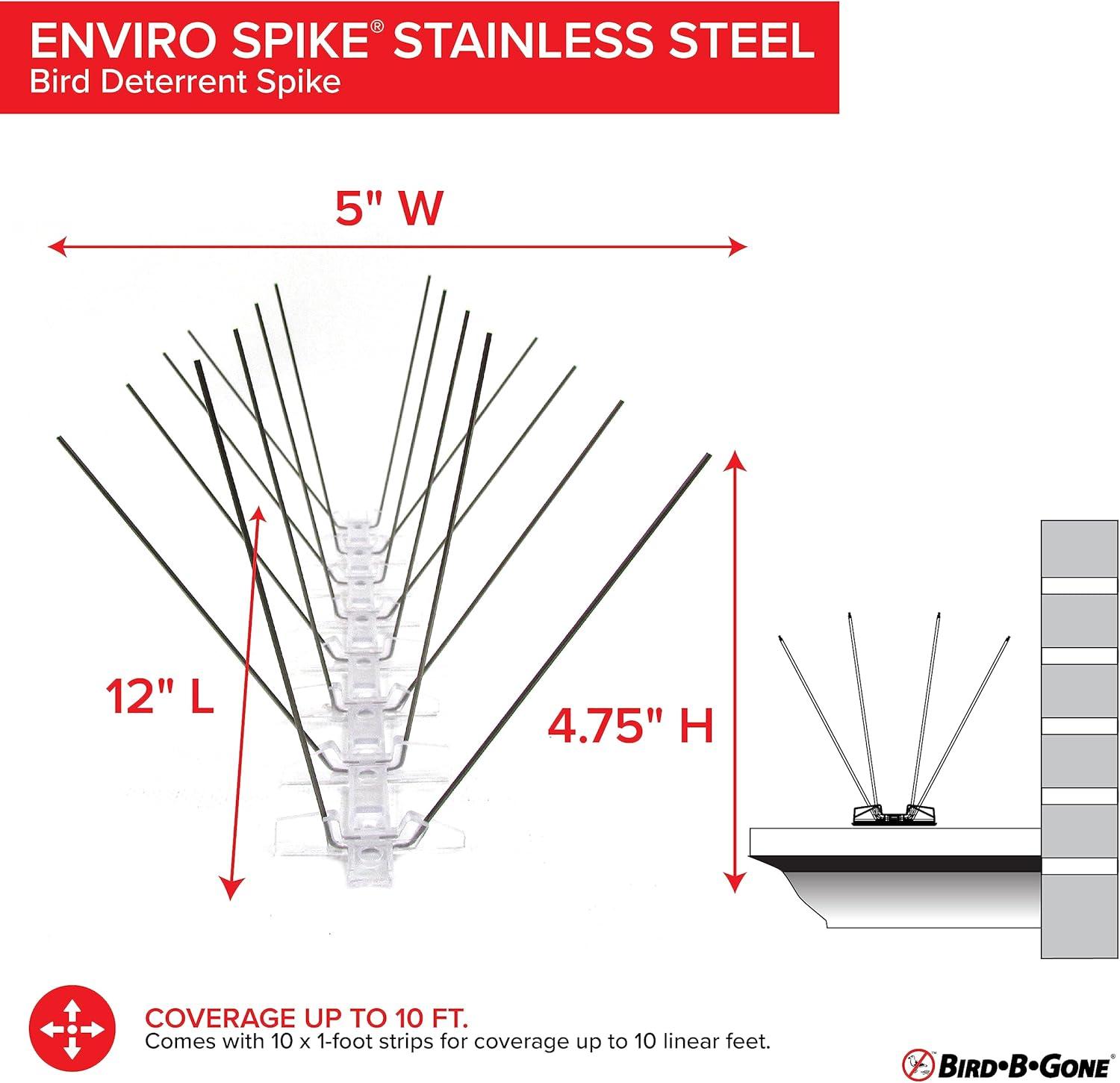 Bird-B-Gone Enviro Spike Stainless Steel Bird Spike, Deterrent Repellent, 10 ft. x 5 in.
