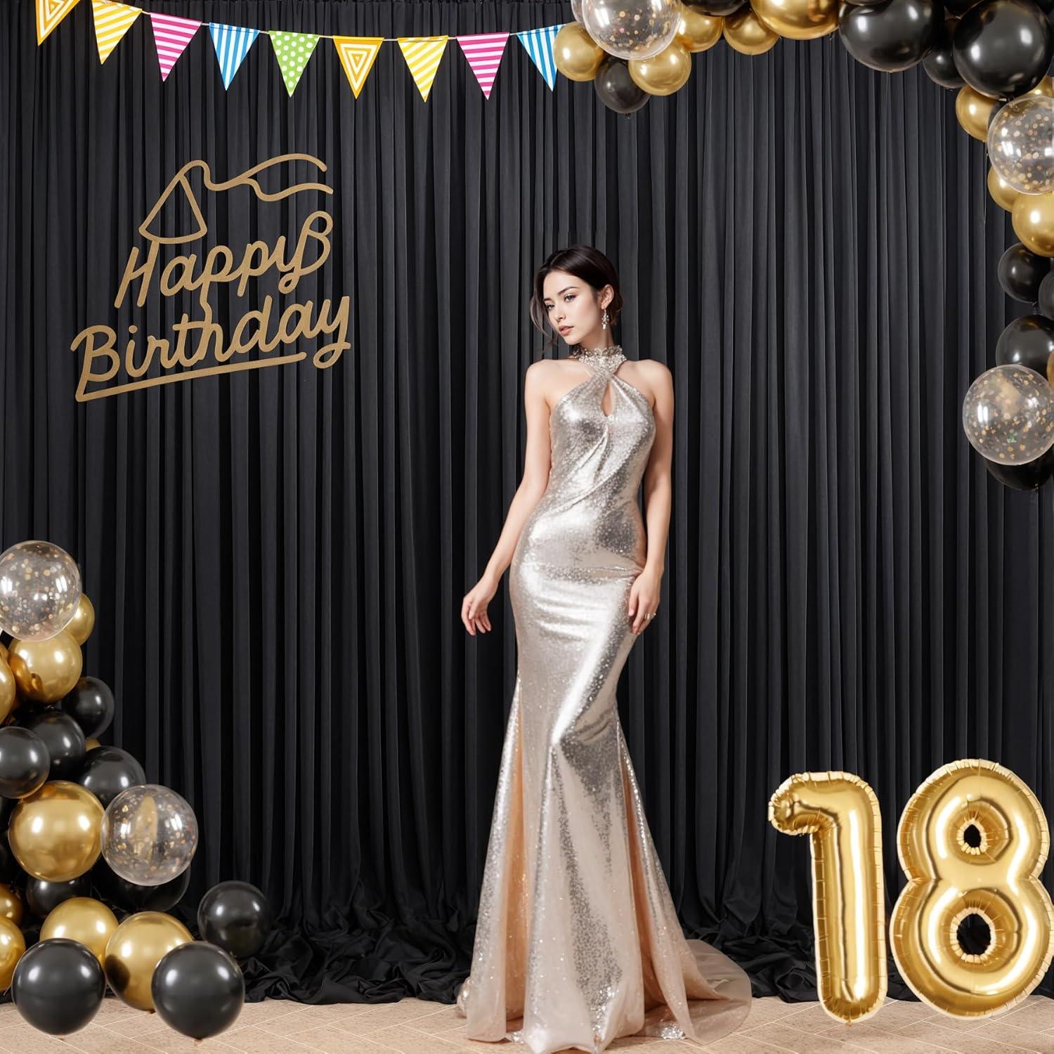 10x10 Black Photo Backdrop Curtain for Parties, Wrinkle Free Black Fabric Curtain Backdrop Wall Drape with Rod Pocket for Birthday Home Decor 5ft x 10ft, 2 Panels