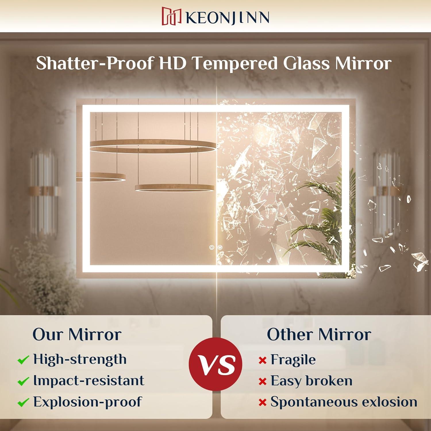 Keonjinn LED Bathroom Mirror 60 ” x 36 ” with Frontlit & Backlit, Lighted Mirror with Stepless Dimmable 3-Color Lights, Bathroom Vanity Mirror with HD Tempered Glass, UL-Listed LED Driver, CRI90+