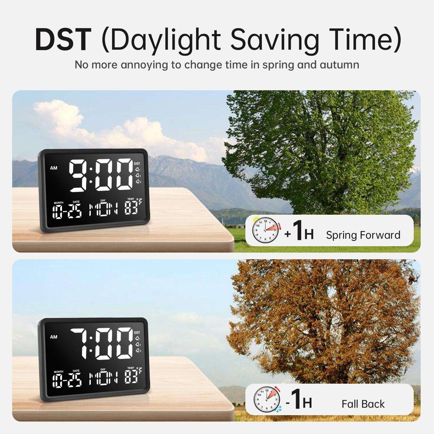 JALL 10.5" Digital Clock with Large Display, Calendar Day and Date, DST, Temperature, Dual Alarms, for Desk, Wall Mounted, Living Room, Bedroom, Gift for Elderly, Seniors, Dementia