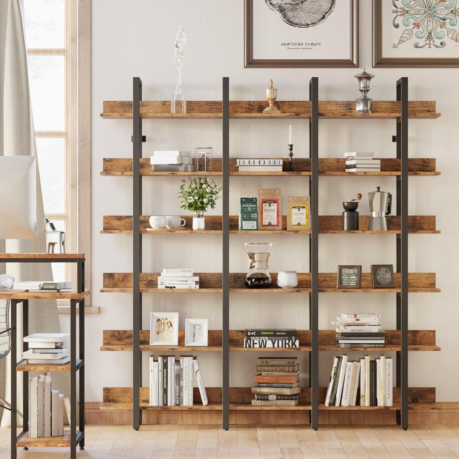 Vintage Brown 6-Tier Industrial Triple Wide Bookcase