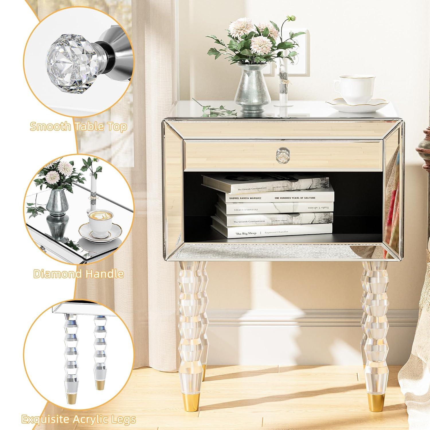 Mirrored Nightstand, Modern End Table with Drawer, Bedside Tables with Acrylic Legs for Bedroom, Living Room, Silver