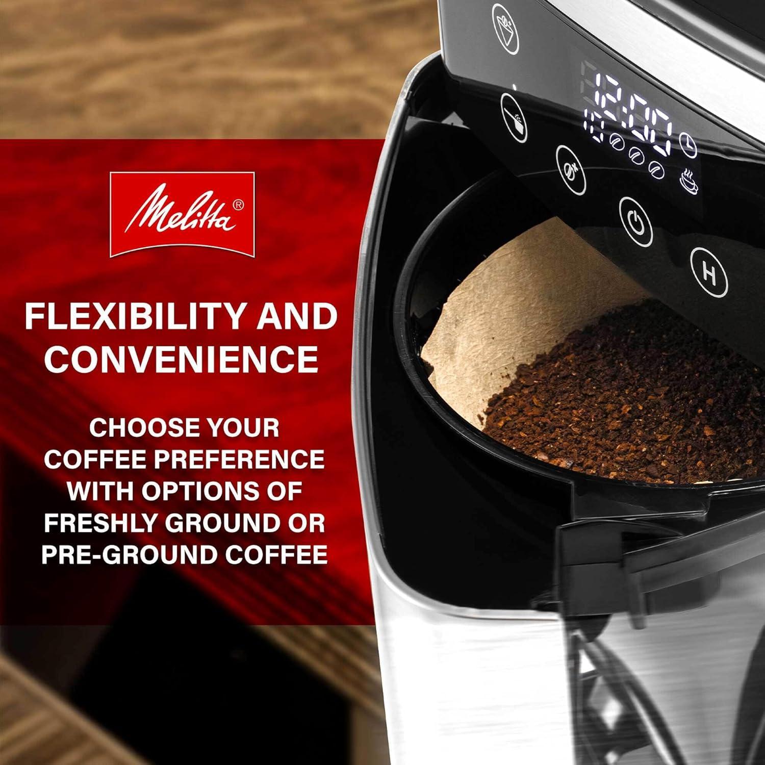 Melitta Aroma Fresh Plus 10c Drip Coffeemaker with Coffee Grinder: Stainless Steel, Digital Display, Automatic Shut-Off
