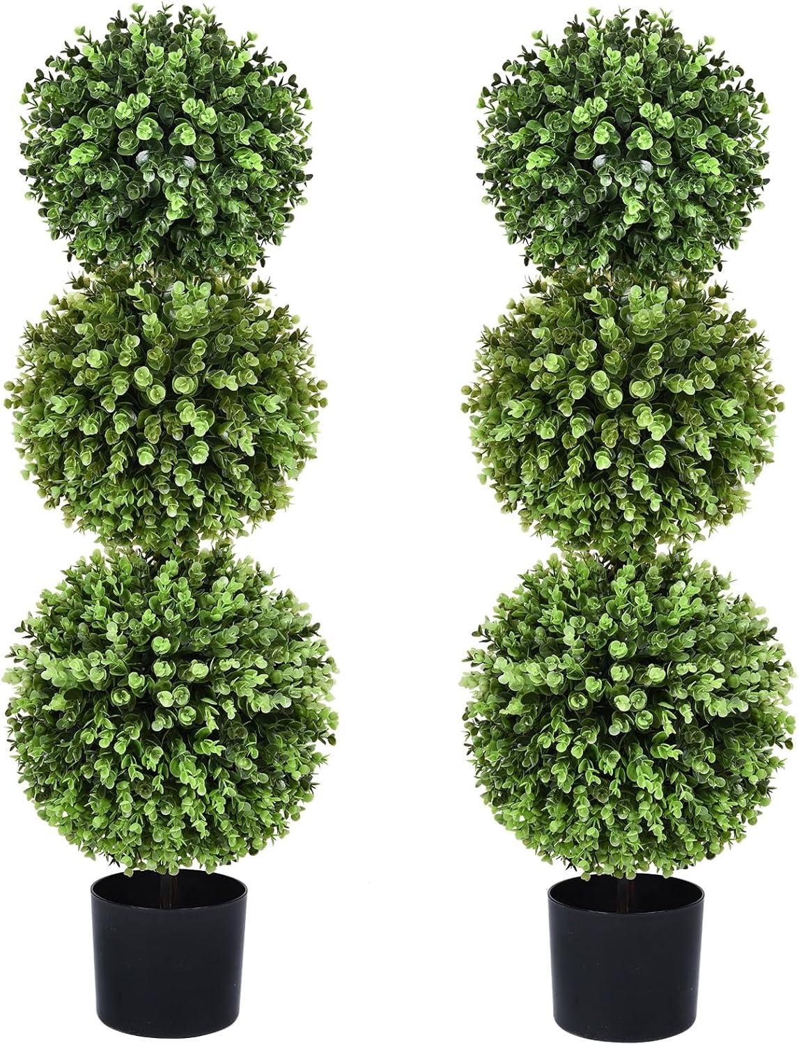 3ft Green Plastic Boxwood Topiary Trees in Black Pots, Set of 2