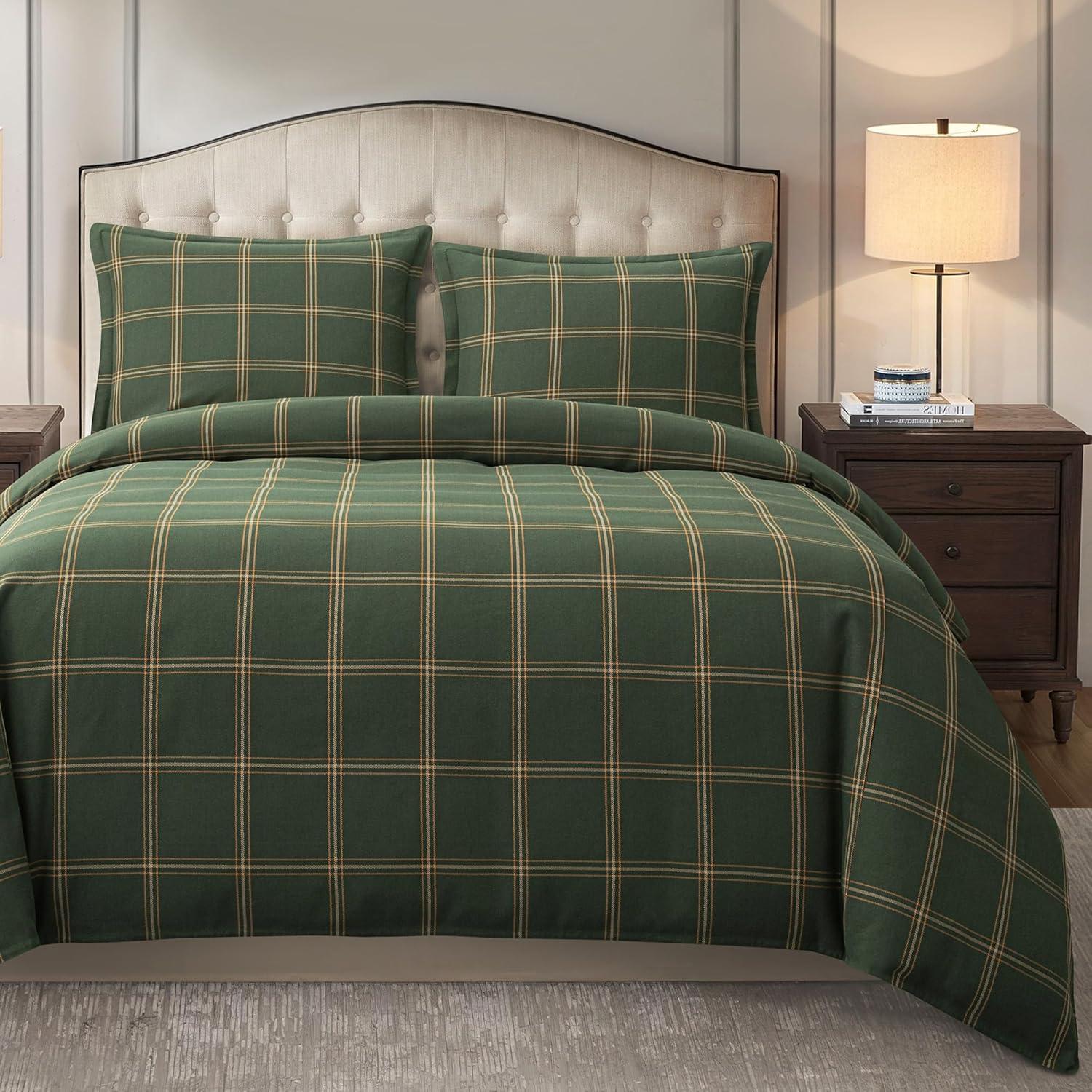 Hunter Green Plaid Cotton King Reversible Bedspread Set