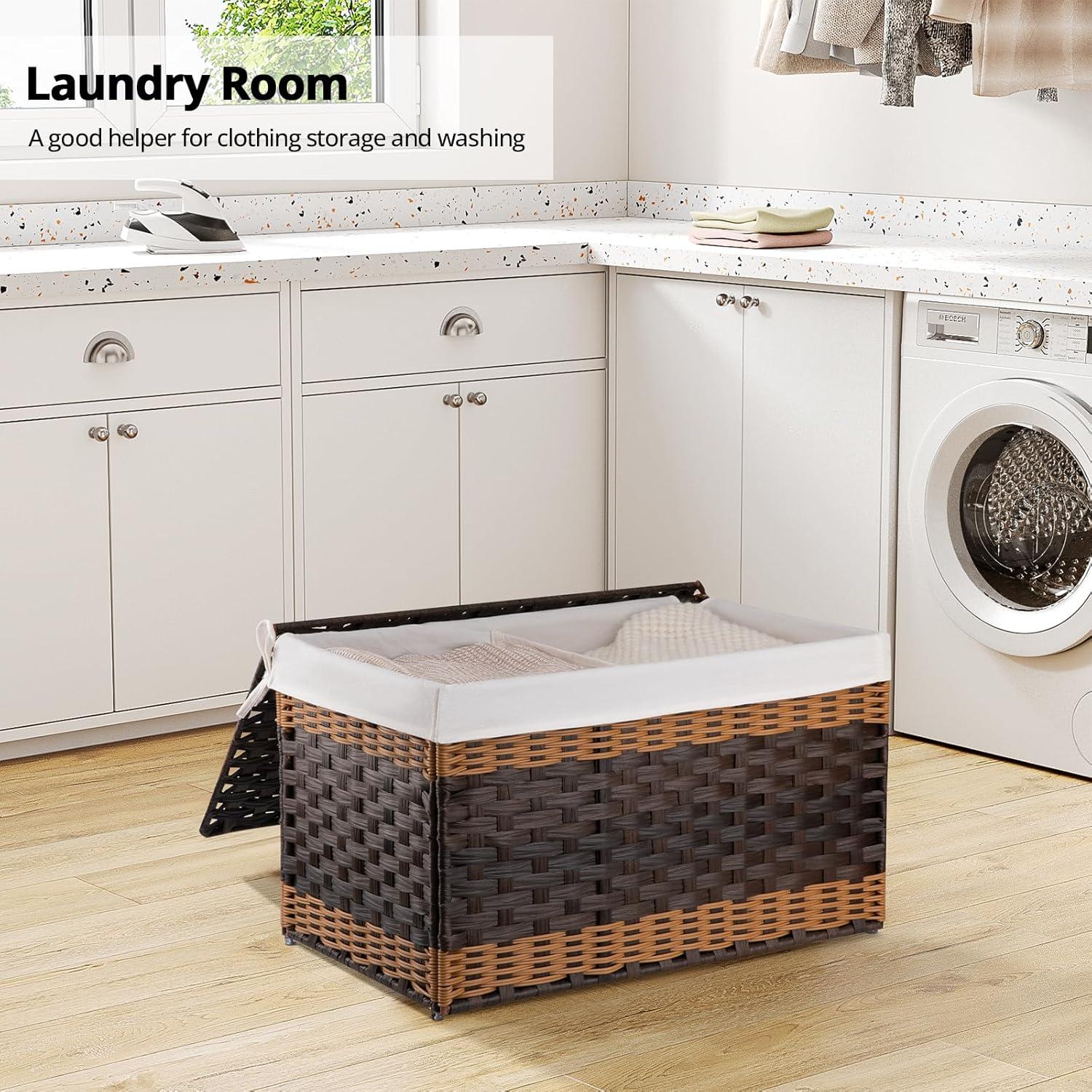 SONGMICS Storage Basket with Lid, 27.7 Gallon (105L) Storage Bin, Woven Blanket Storage Basket with Handles, Foldable, Removable Liner Brown
