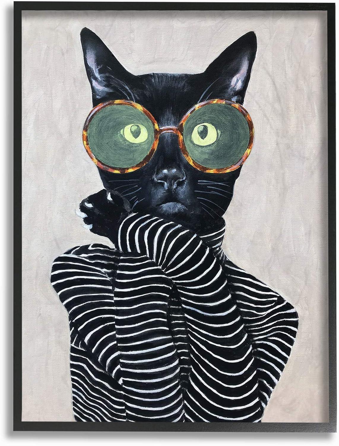 The Stupell Home Decor Collection Fashion Feline Striped Shirt And Round Glasses Cat Framed Giclee Texturized Art