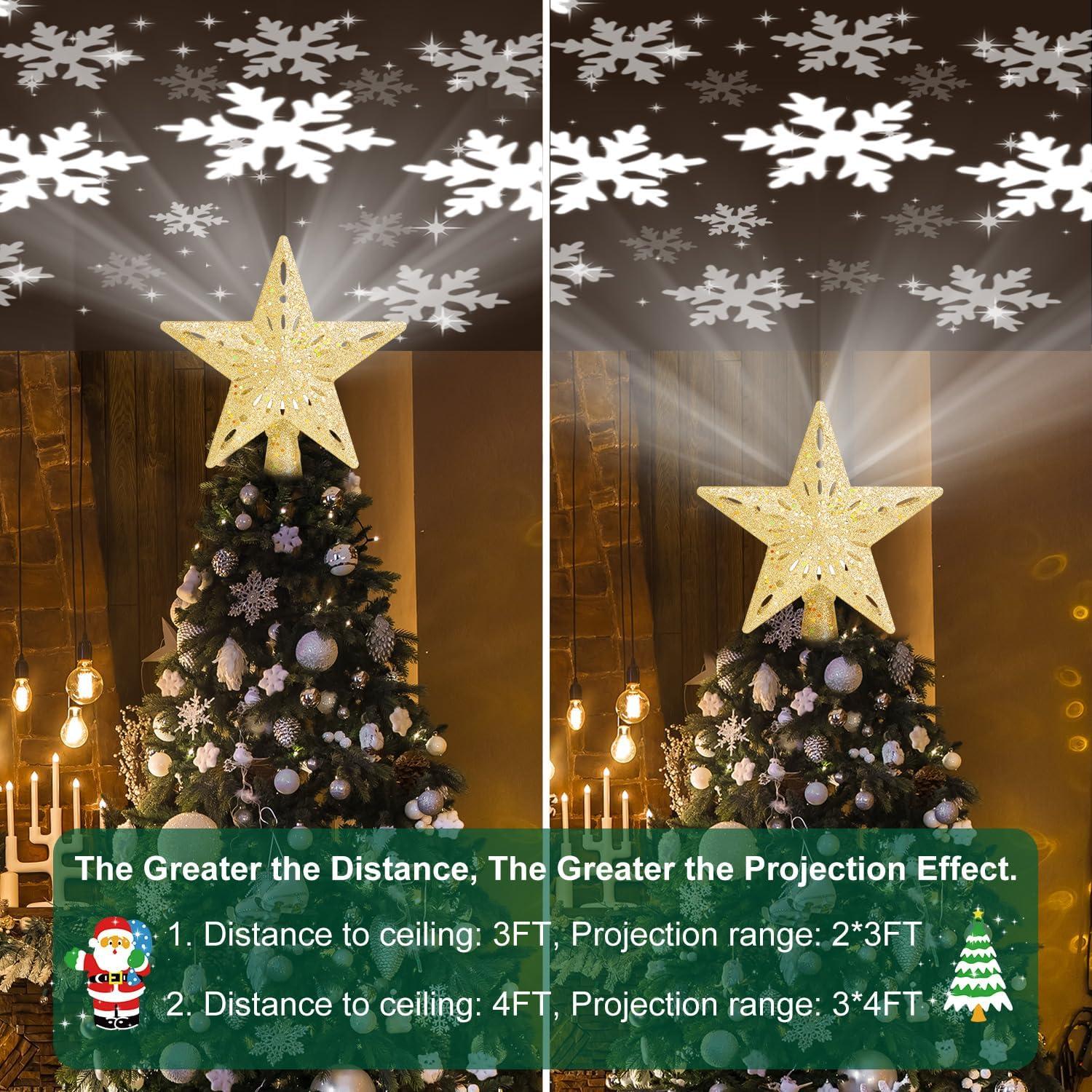 HOUFIY Christmas Tree Topper Lighted with 6 Projection Modes Star Tree Topper Built-in LED Rotating 3D Lighted Glitter Star Decorations Projector Tree Topper for Christmas Tree