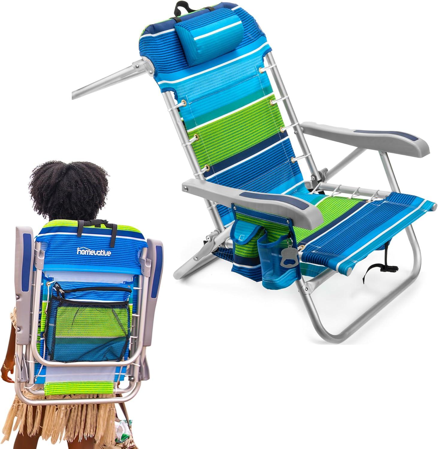 Homevative Cooler+ Folding Backpack Beach Chair with 5 Positions, Towel bar, XL Cooler Pouch, Storage Net, Cup and Phone