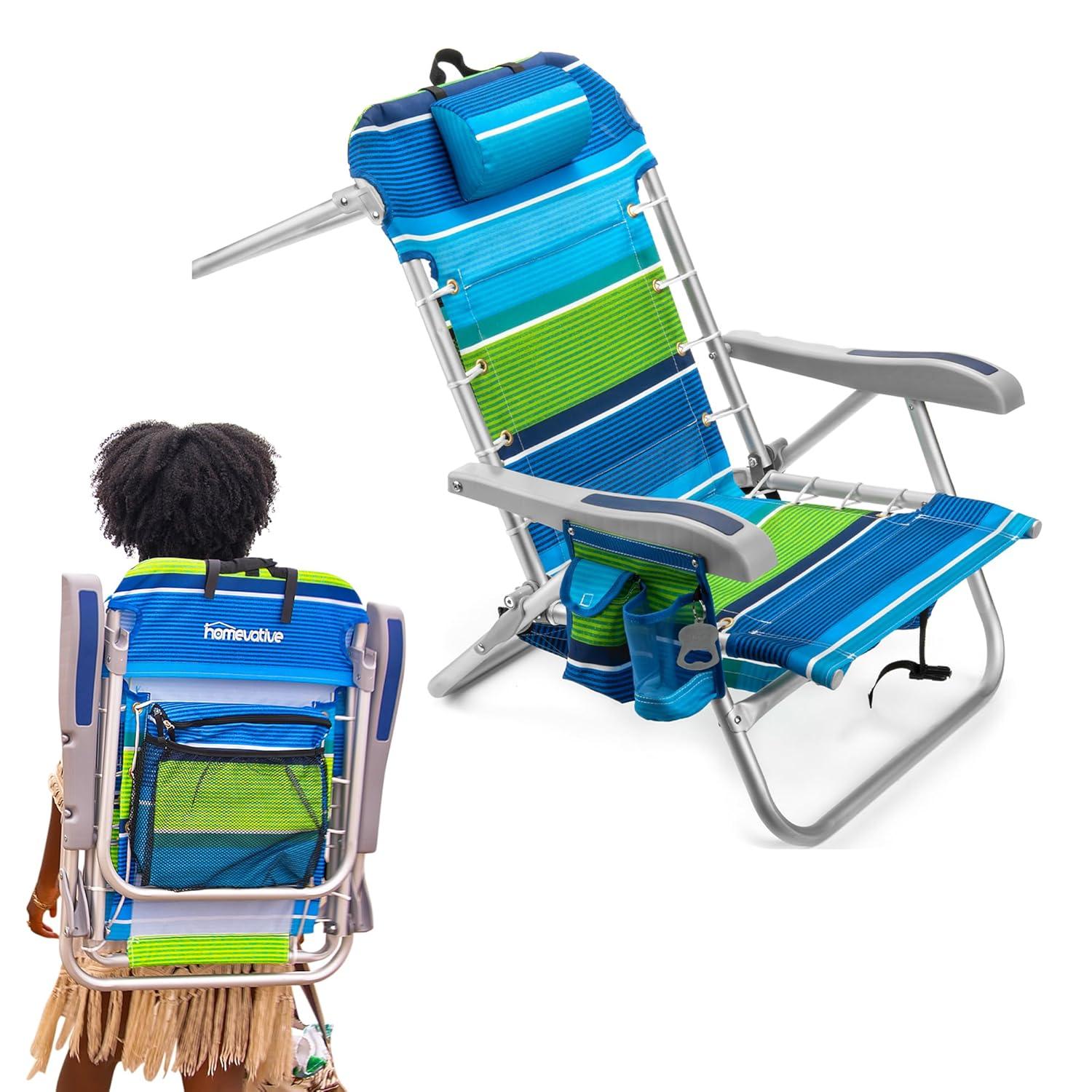 Homevative Cooler+ Folding Backpack Beach Chair with 5 Positions, Towel bar, XL Cooler Pouch, Storage Net, Cup and Phone
