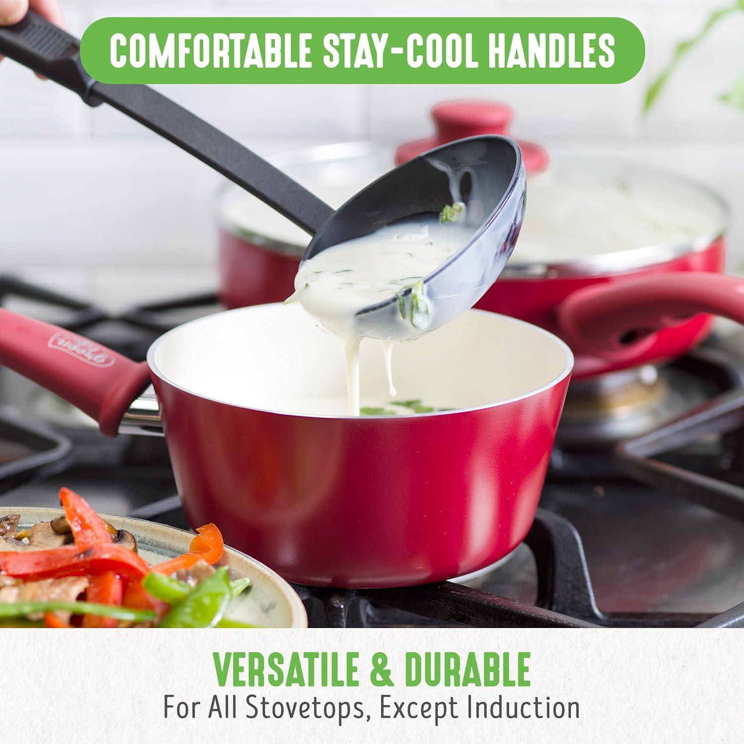 GreenLife Soft Grip 16 Piece Cookware Set, Non-Toxic PFAS-Free Ceramic Nonstick, Frying, Sauce, Saute, Utensils, Glass Lids, Stay-Cool Handles, Wobble Free, Dishwasher & Oven Safe, Red