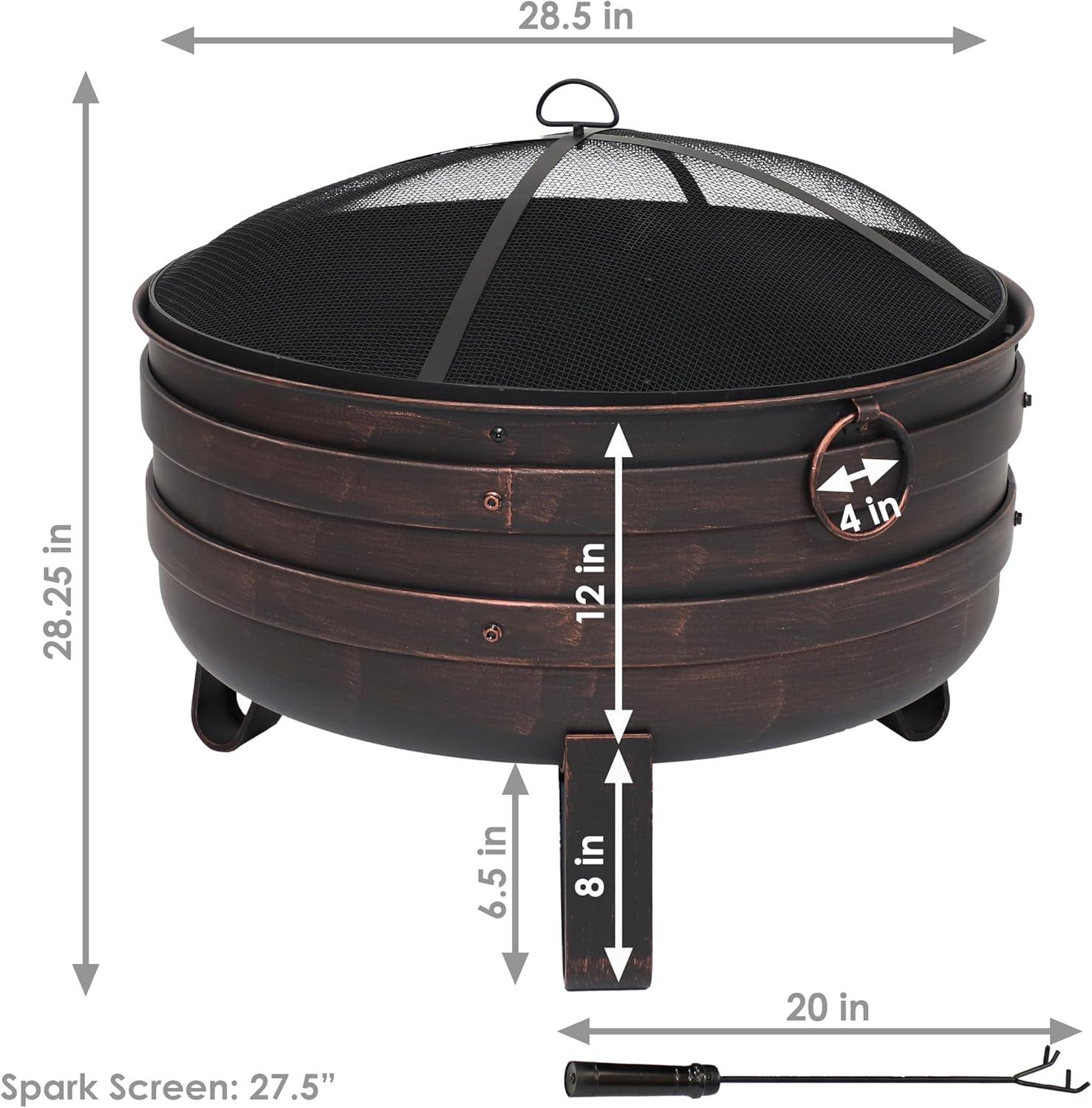 Sunnydaze Heavy-Duty Steel Cauldron Fire Pit with Spark Screen and PVC Protective Cover - 28.5-Inch Round - Brushed Bronze