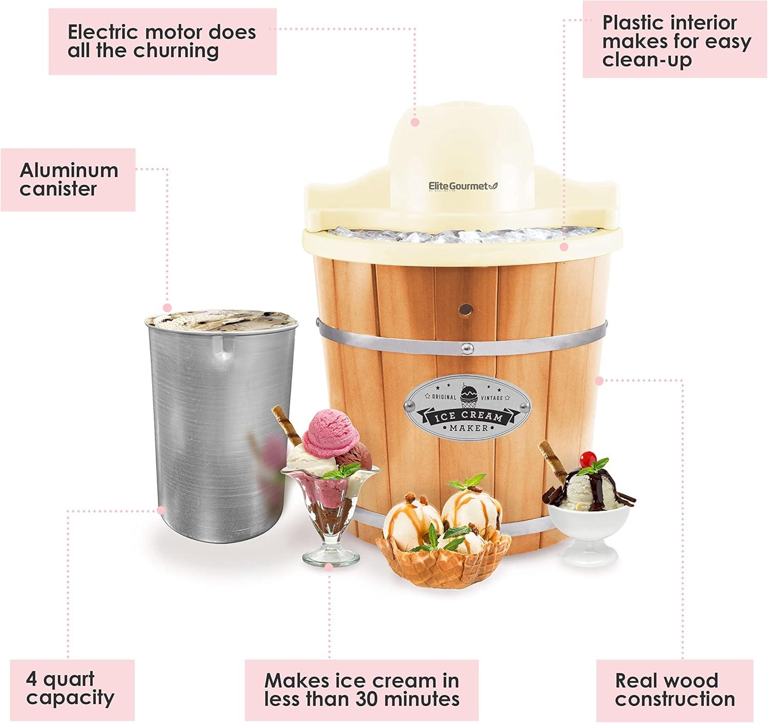 Elite Gourmet 4Qt. Old Fashioned Pine Bucket Electric Ice Cream Maker