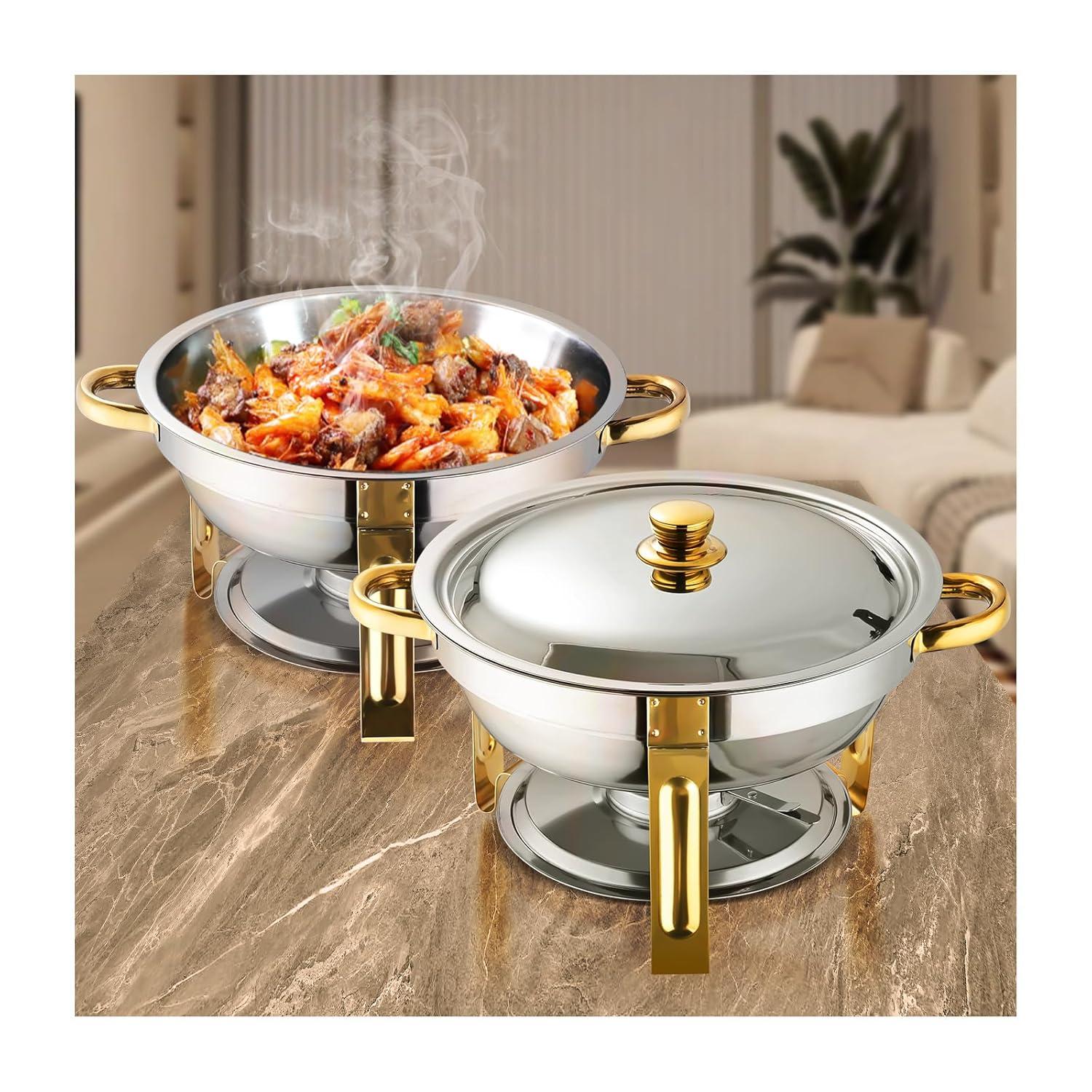 WhizMax Chafing Dish Buffet Set 2 Pack 5QT, Stainless Steel Round Chafing Dishes for Buffet with Lid Holder & Glass Lid, Gold