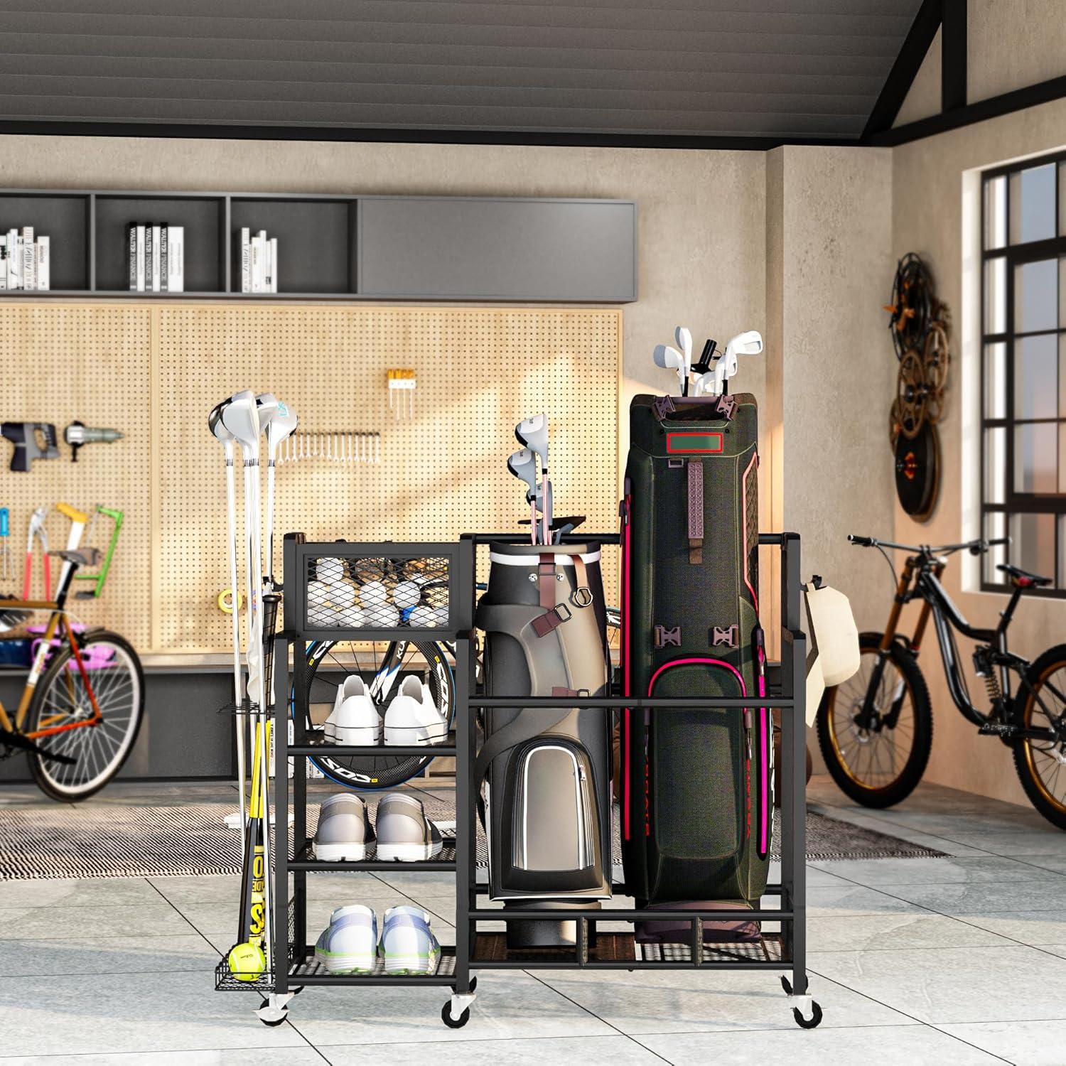 Recaceik Golf Storage Garage Organizer Large Size,Golf Bag Storage Stand and Other Golfing Accessories Rack, Metal with Wheels Golf Club Storage for Garage Shed and Basement (Black)