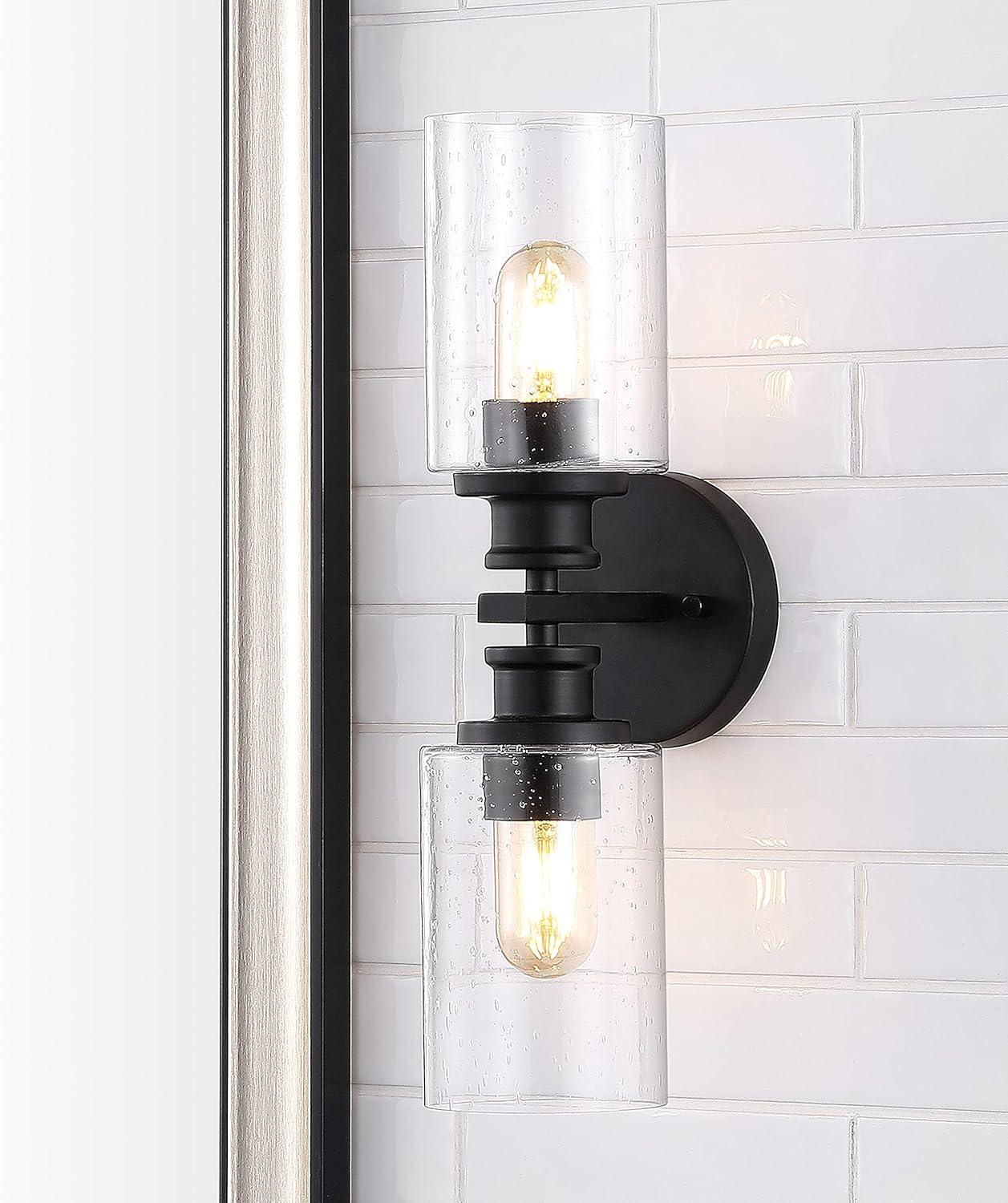 JONATHAN Y Jules Edison 16.5" Cylinder 2-Light Iron/Seeded Glass Farmhouse Contemporary LED Wall Sconce, Black