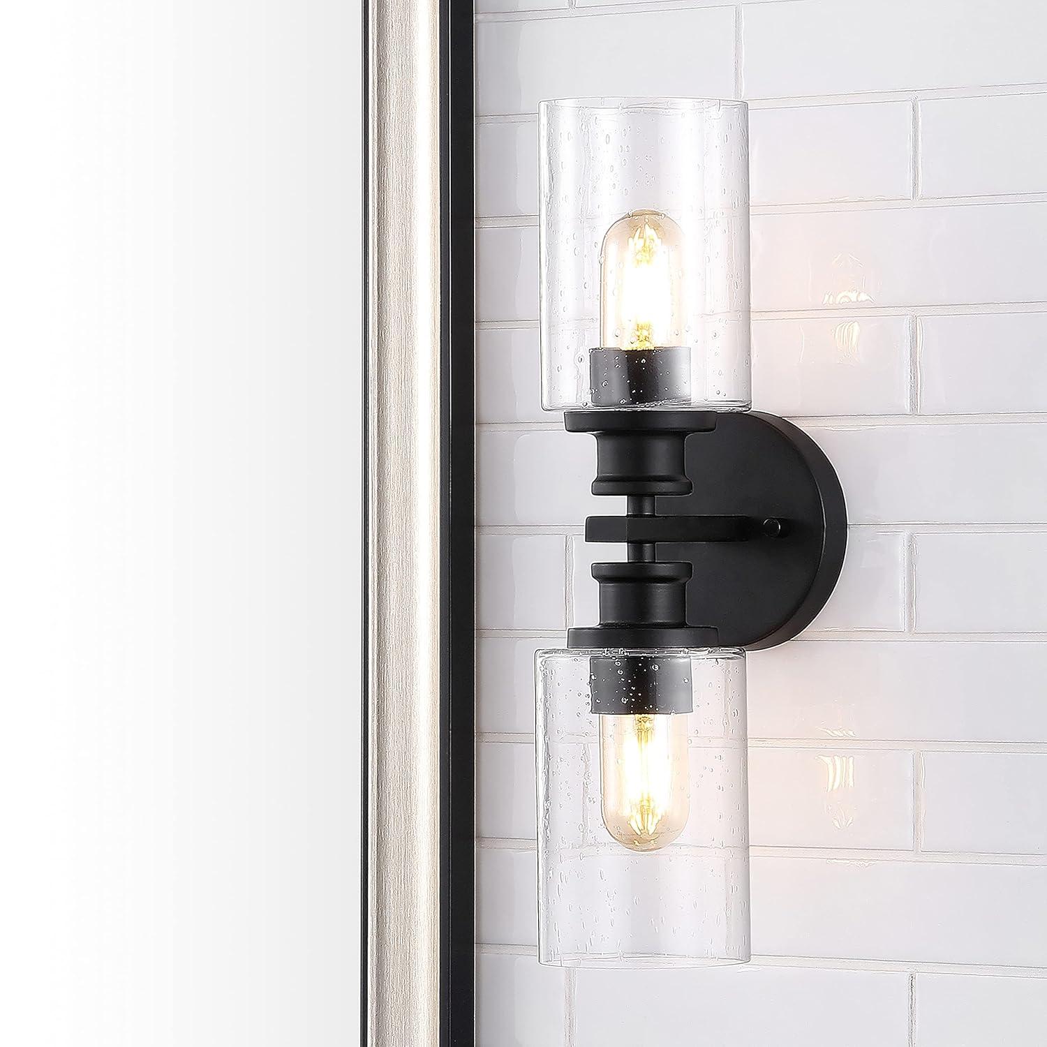 JONATHAN Y Jules Edison 16.5" Cylinder 2-Light Iron/Seeded Glass Farmhouse Contemporary LED Wall Sconce, Black