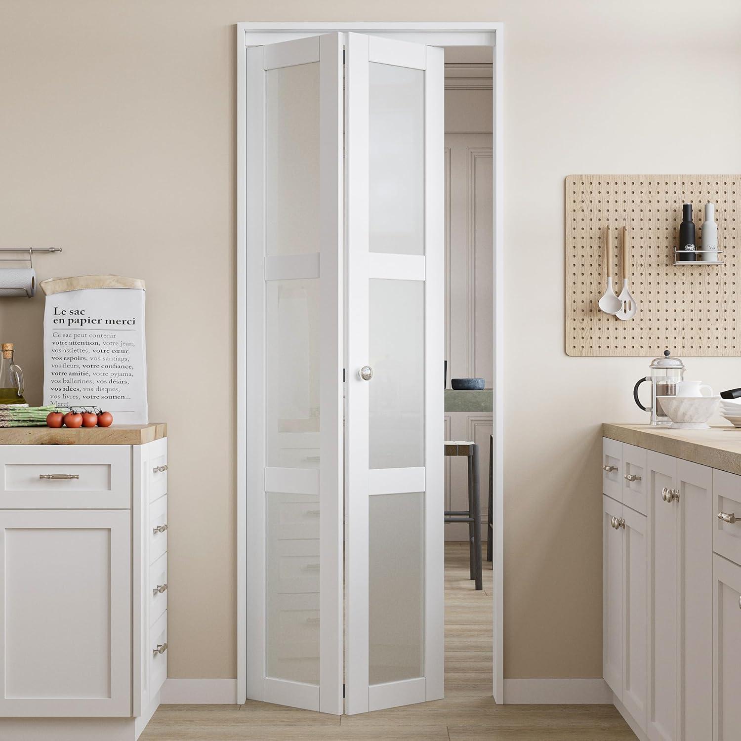 EASELIFE Frosted Glass And Solid Manufactured Wood Bi-Fold Door With Installation Hardware Kit