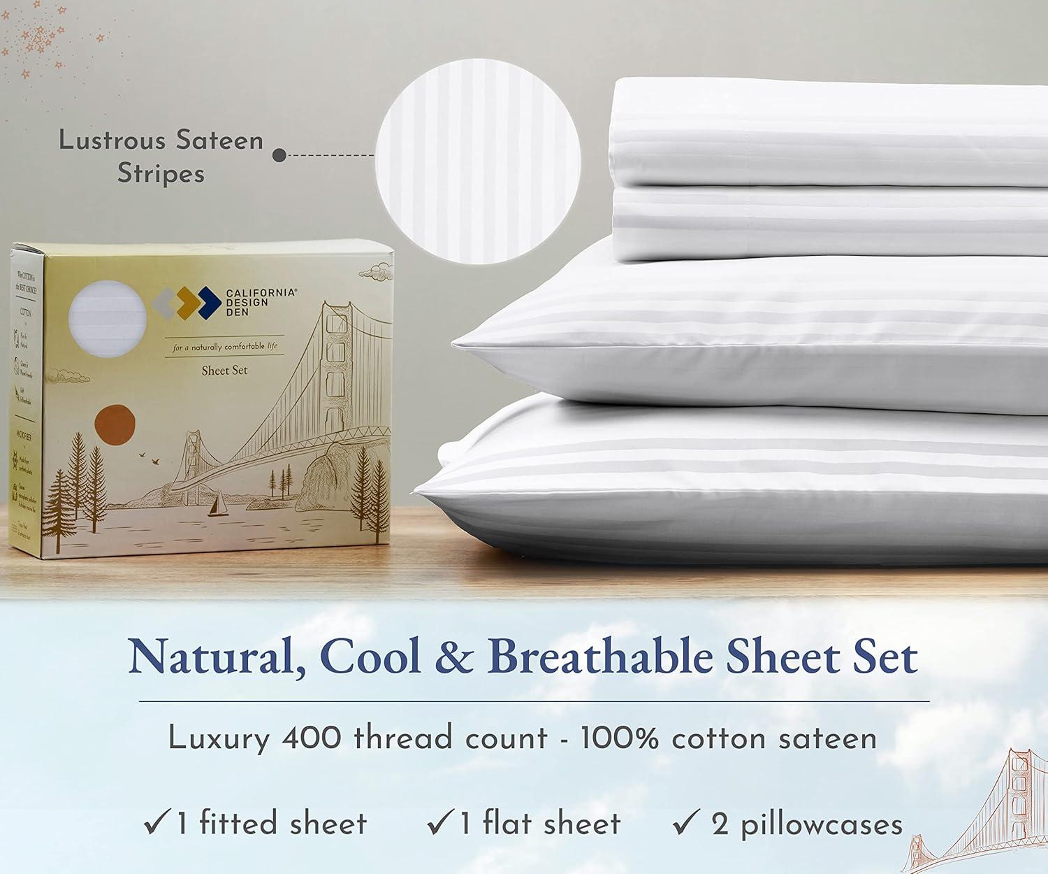 Cotton Sheets Set - Softest 400 Thread Count Bed Sheets, 100% Cotton Sateen, Cooling, Deep Pocket by California Design Den