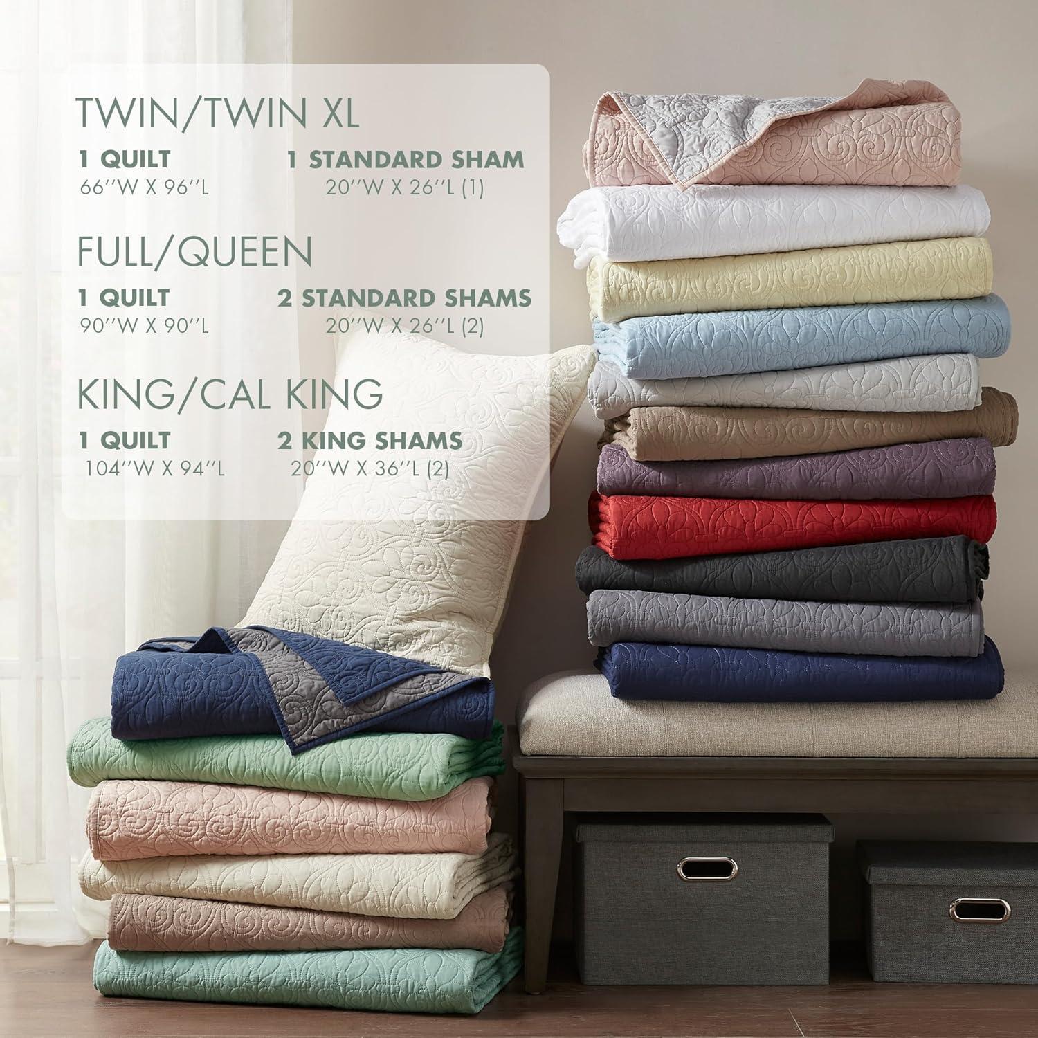 Madison Park 3pc Full/Queen Vancouver Reversible Coverlet Set Seafoam: Lightweight, Machine Washable