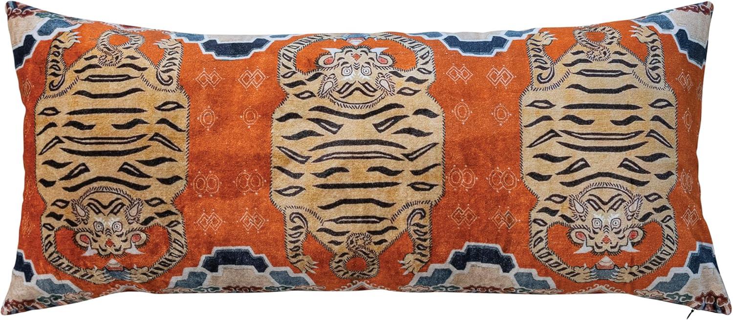 Tibetan Tiger Orange Cotton Velvet Lumbar Pillow