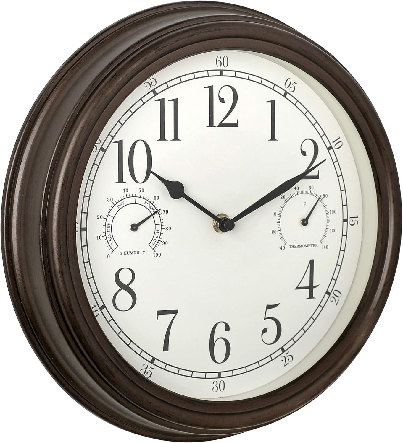 12" Outdoor Wall Clock with Weather Resistant Temperature/Humidity Dials - Westclox: Quartz Movement, Bronze Frame
