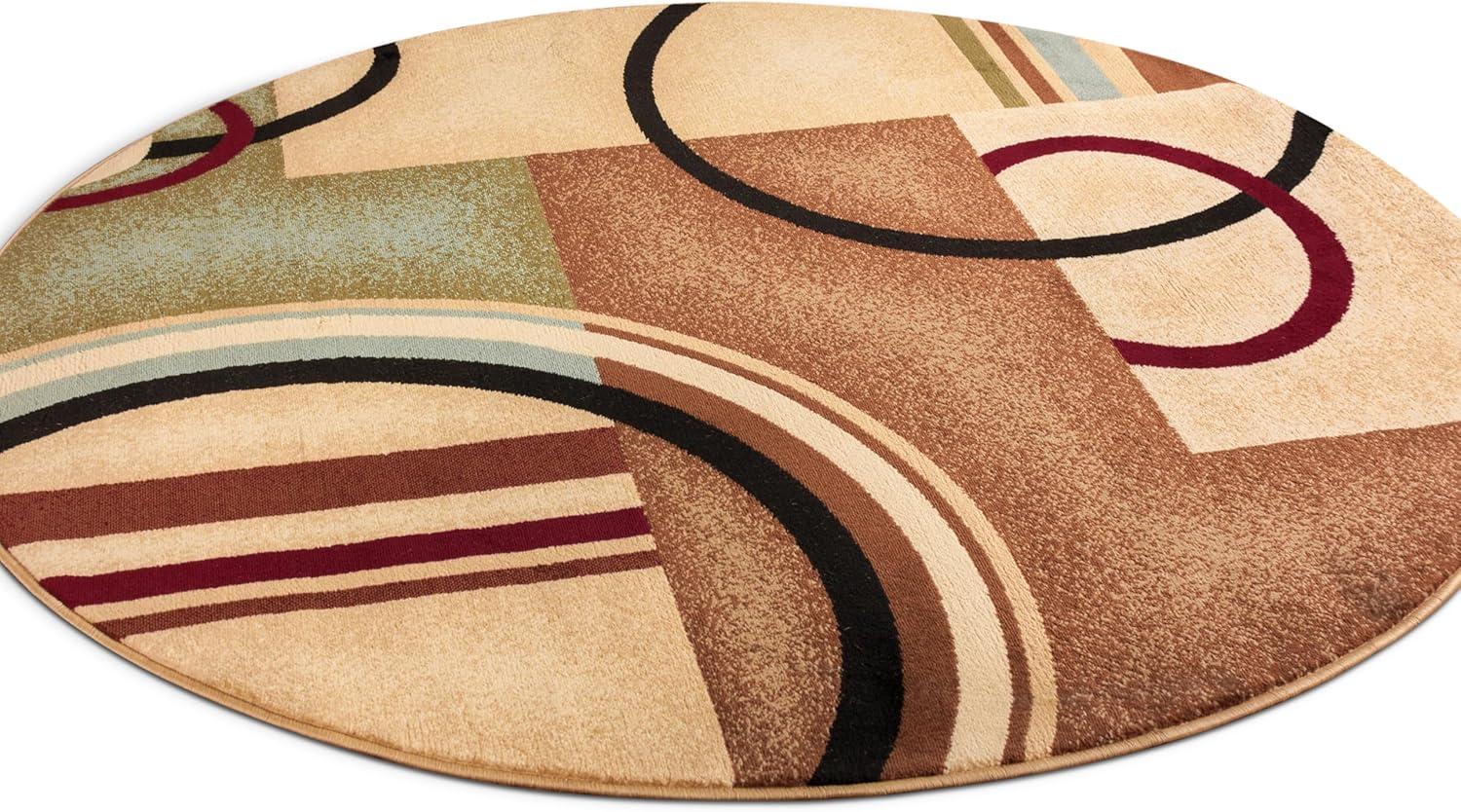 Ivory and Multicolor Round Geometric Area Rug 5'3"