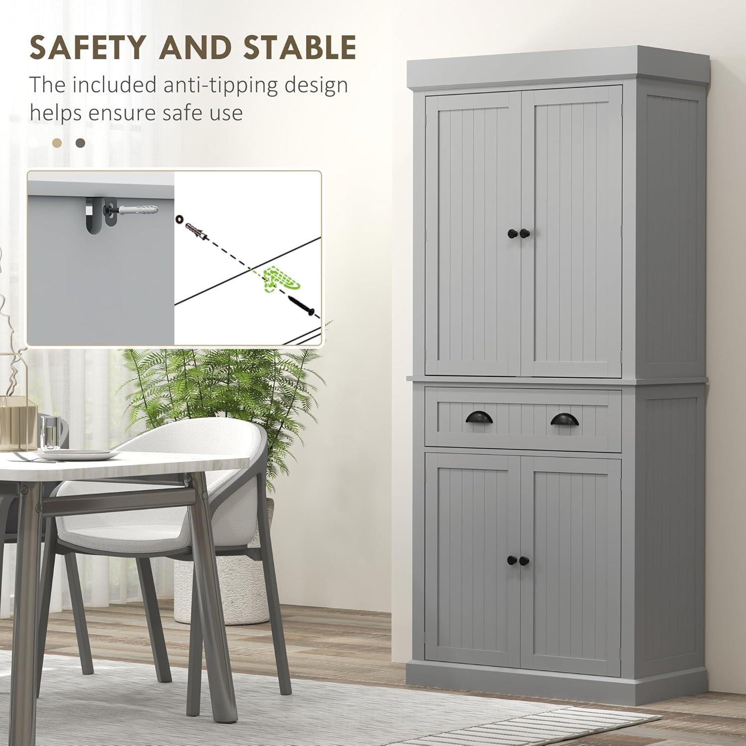 HOMCOM 71" LED Kitchen Pantry Cabinet, Tall Storage Cabinet with 6 Door Shelves, a Drawer and 4 Adjustable Shelves, Gray