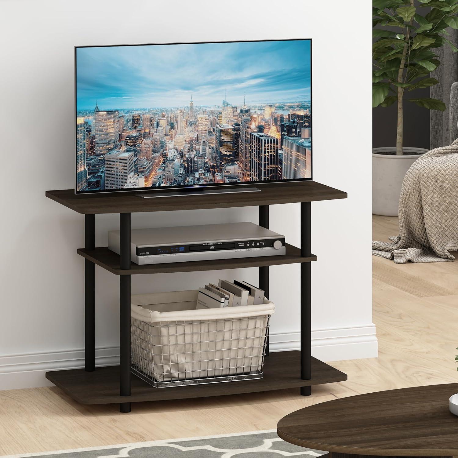 Furinno 3-Tier TV Stand Console Table for TV's up to 32" Media Entertainment Center No Tools Dark Brown/Black