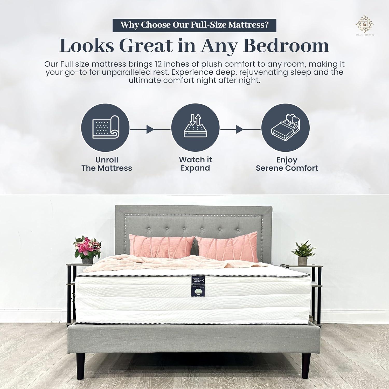 Full Size Mattress - 12 Inch Cool Memory Foam & Spring Hybrid Mattress with Breathable Cover - Comfort Tight Top - Rolled in a Box - Oliver & Smith