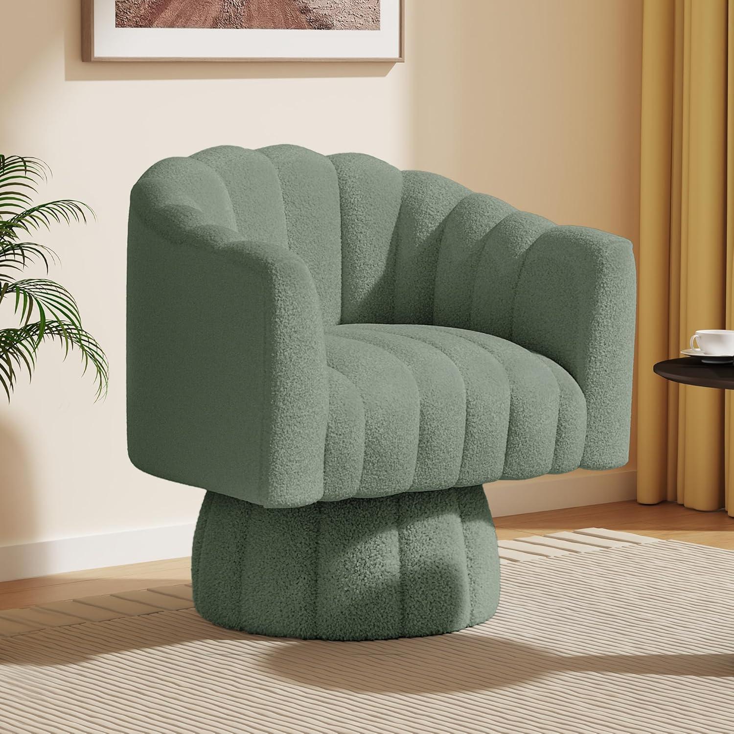 Green Sherpa Swivel Barrel Accent Chair with Upholstered Seat